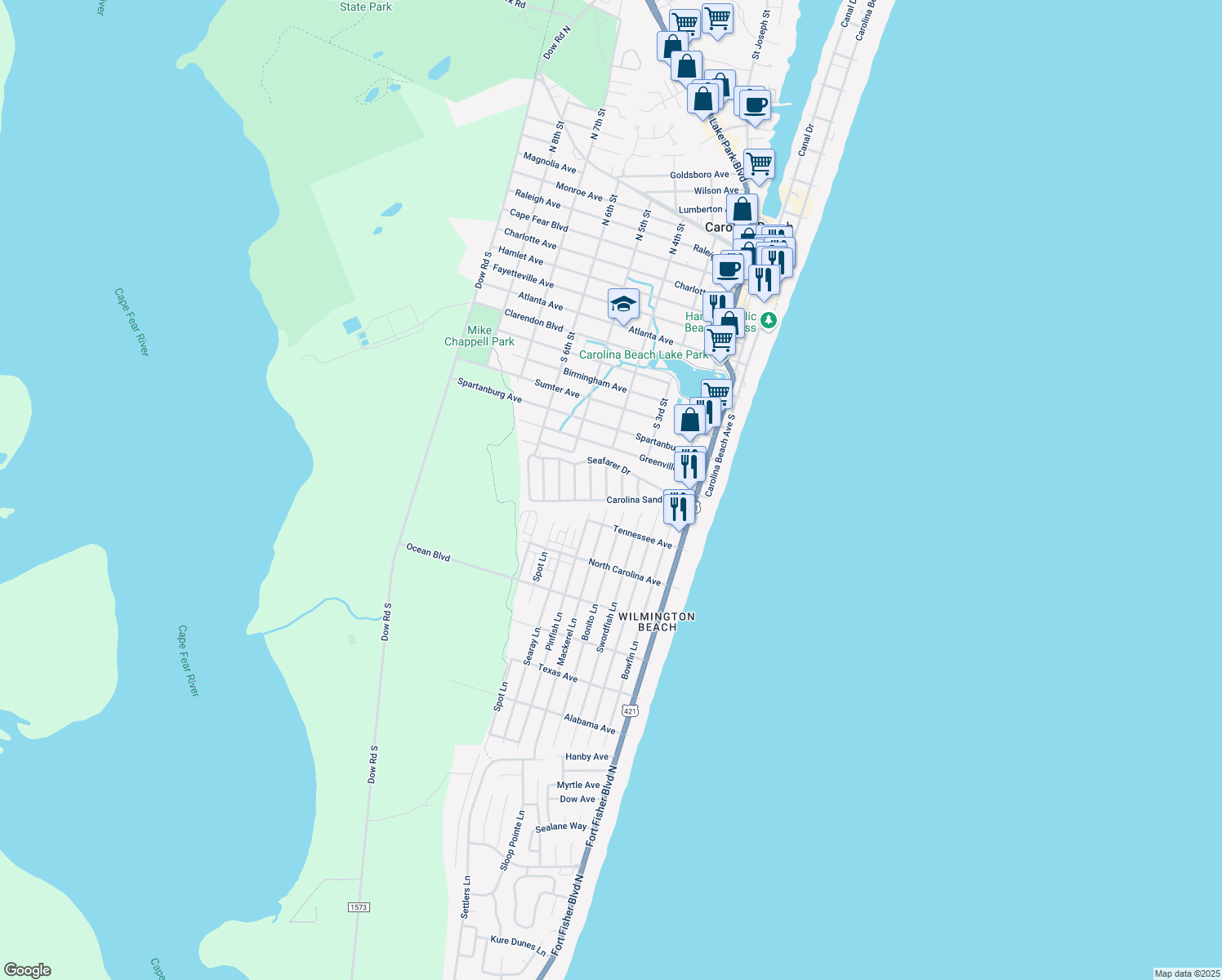 map of restaurants, bars, coffee shops, grocery stores, and more near 918 Tidewater Lane in Carolina Beach