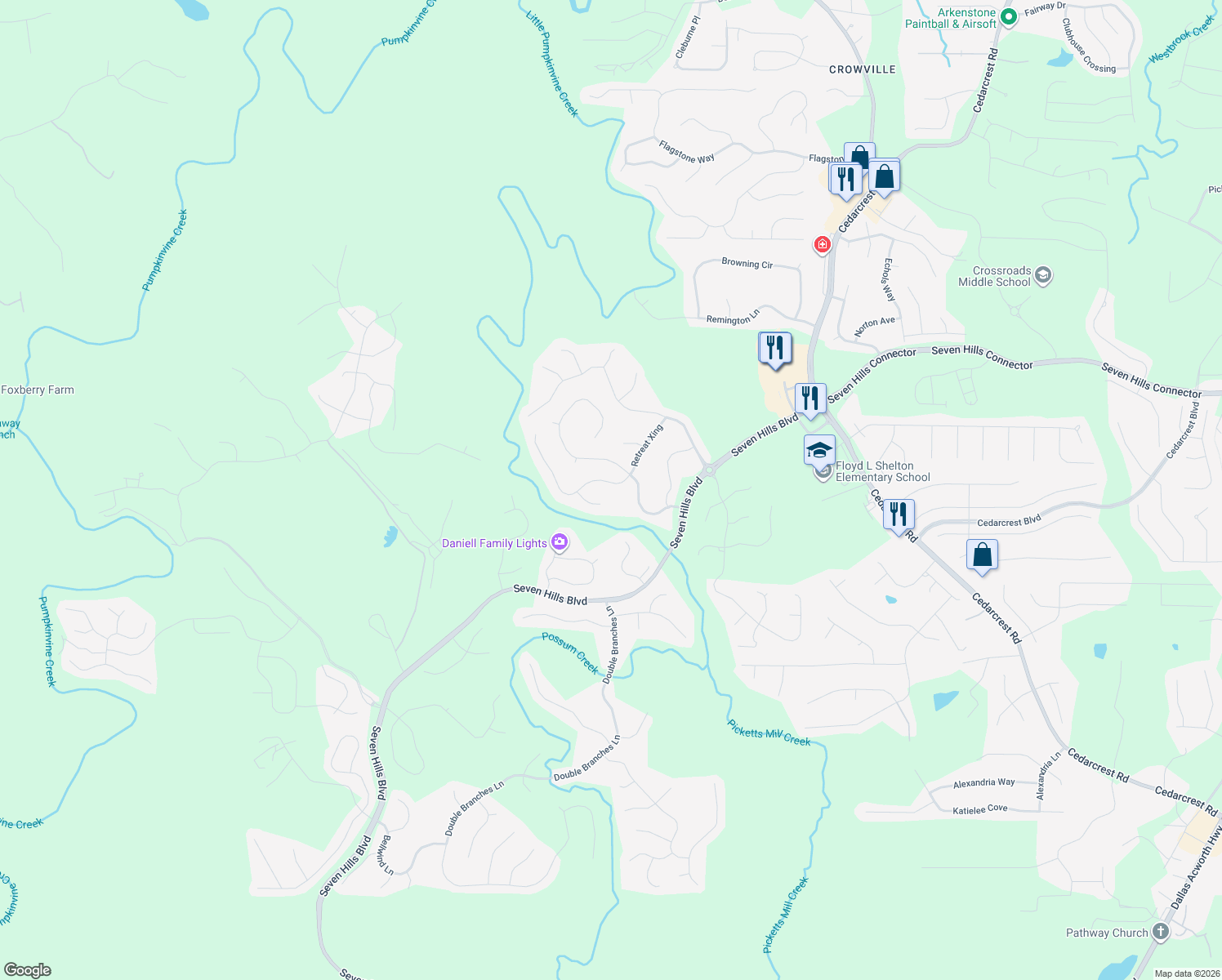map of restaurants, bars, coffee shops, grocery stores, and more near 65 Shoal Creek Way in Dallas