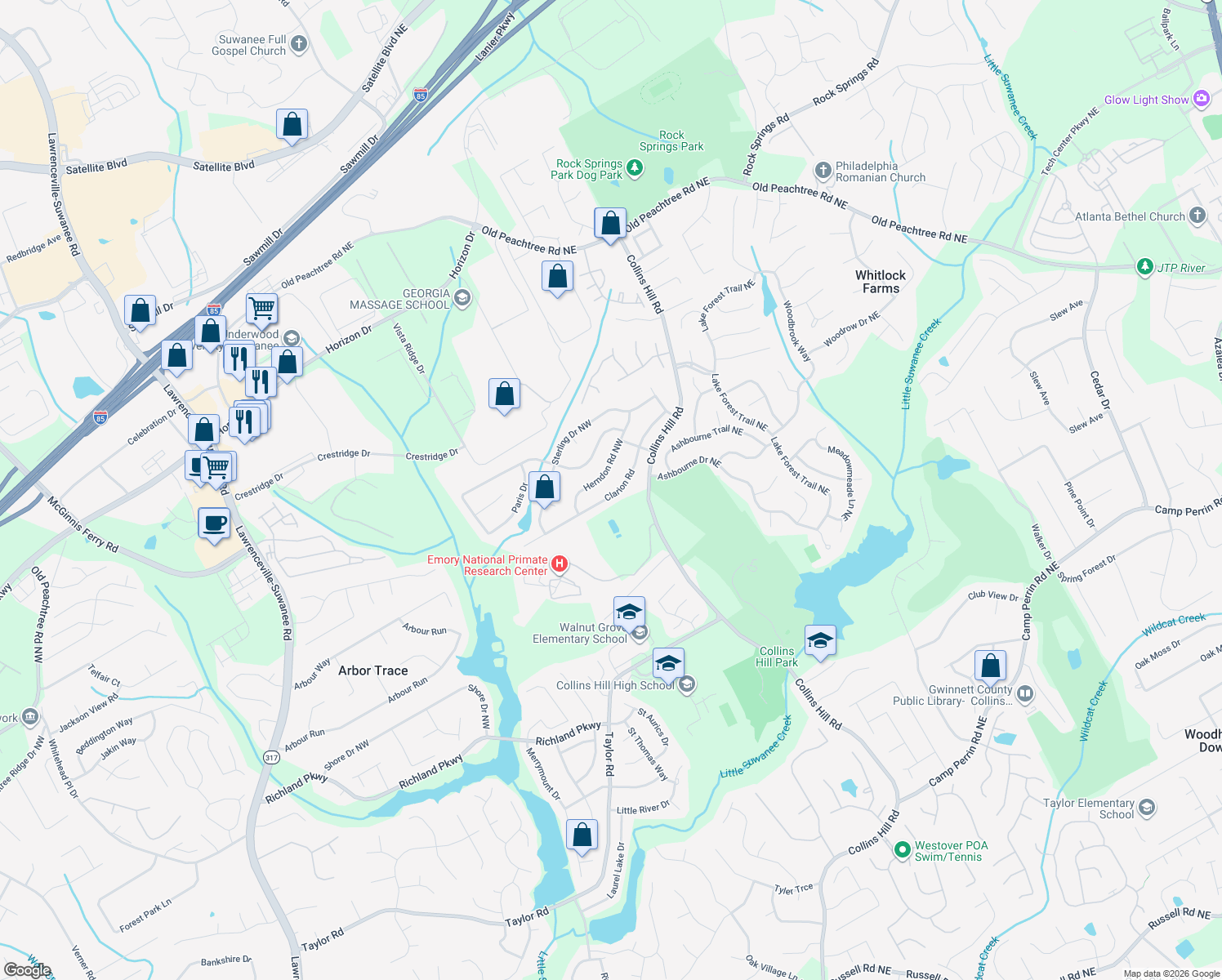 map of restaurants, bars, coffee shops, grocery stores, and more near 342 Clarion Road in Lawrenceville