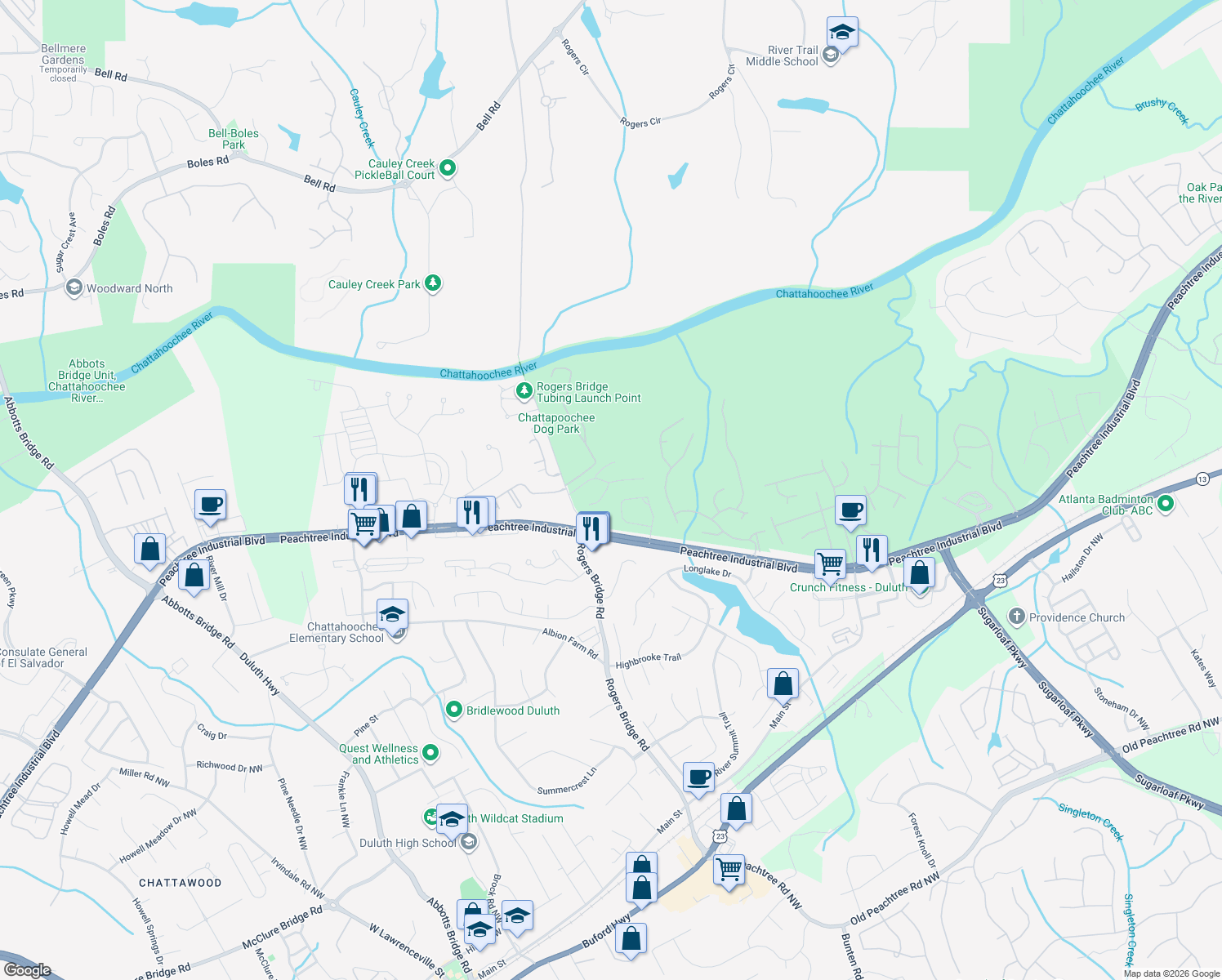 map of restaurants, bars, coffee shops, grocery stores, and more near 2508 Summit Cove Drive in Duluth