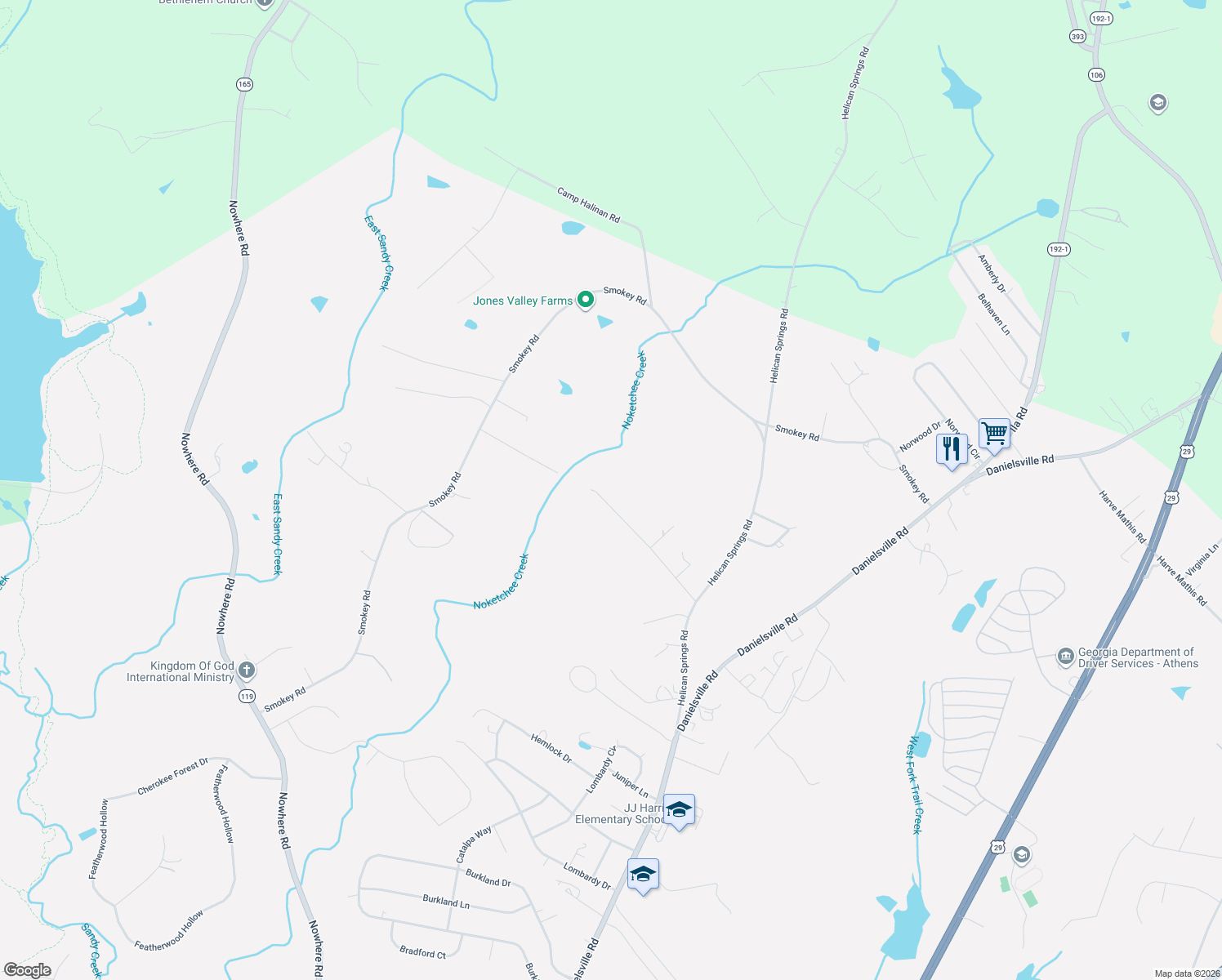 map of restaurants, bars, coffee shops, grocery stores, and more near 330 Noketchee Creek Road in Athens