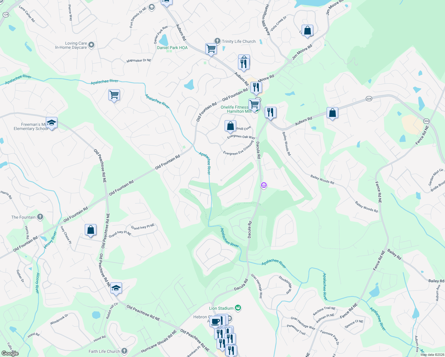map of restaurants, bars, coffee shops, grocery stores, and more near 2895 The Terraces Way in Dacula