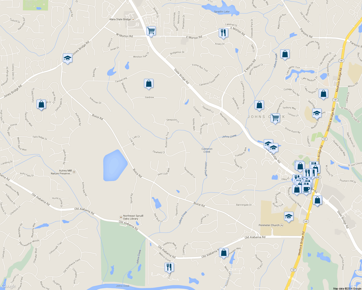 map of restaurants, bars, coffee shops, grocery stores, and more near 9950 Farmbrook Lane in Alpharetta