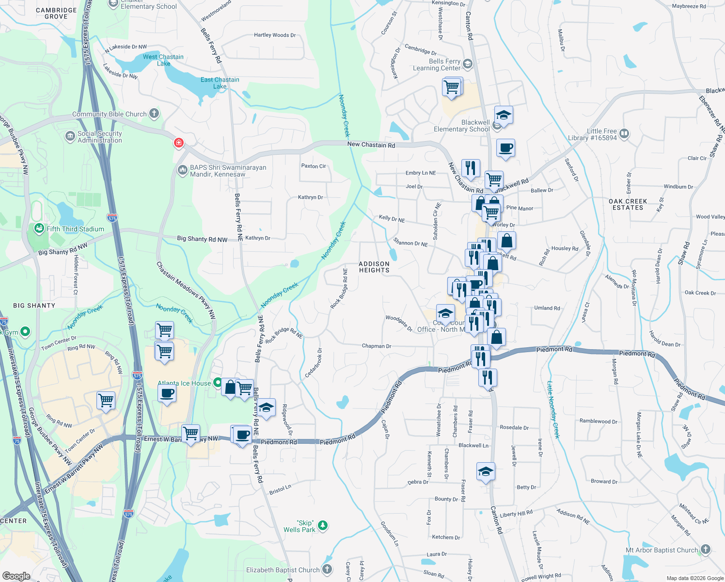 map of restaurants, bars, coffee shops, grocery stores, and more near 356 Timber Way East in Marietta