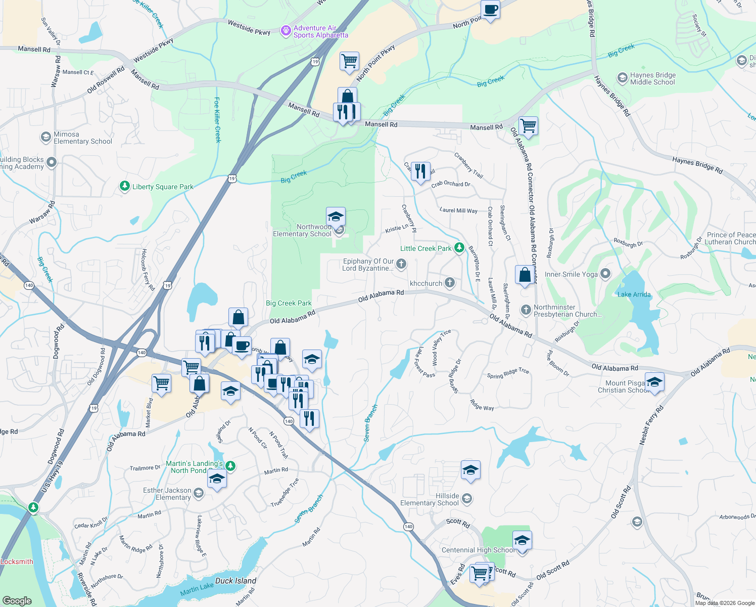 map of restaurants, bars, coffee shops, grocery stores, and more near 125 Stonewyck Place in Roswell