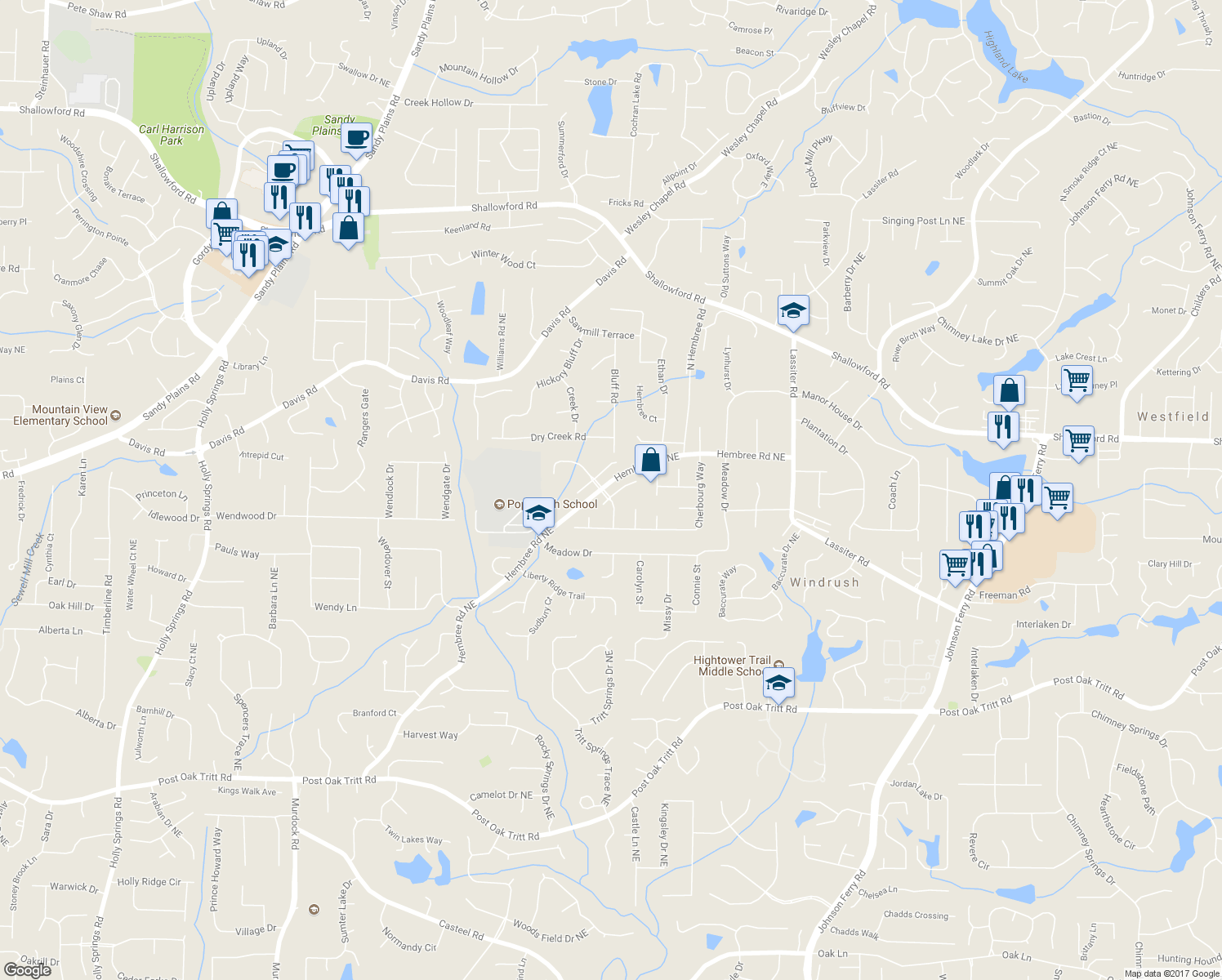 map of restaurants, bars, coffee shops, grocery stores, and more near 3427 Weymouth Court in Marietta