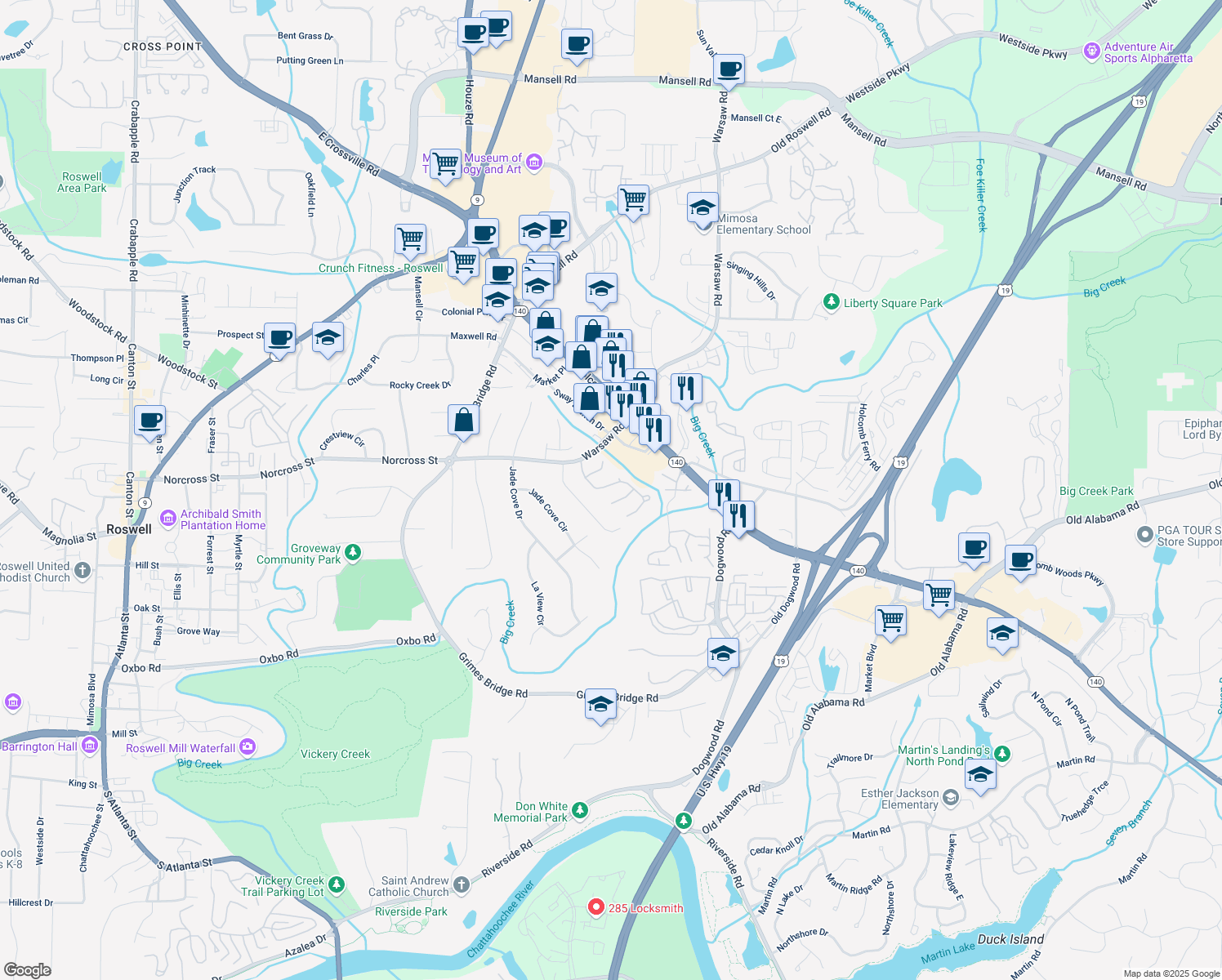 map of restaurants, bars, coffee shops, grocery stores, and more near 6055 Pattingham Dr in Roswell