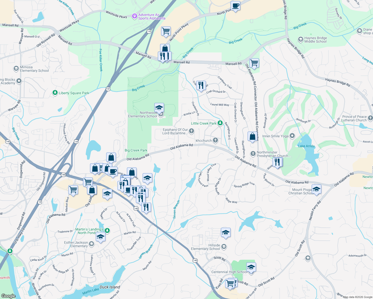 map of restaurants, bars, coffee shops, grocery stores, and more near 110 Weatherburne Drive in Roswell