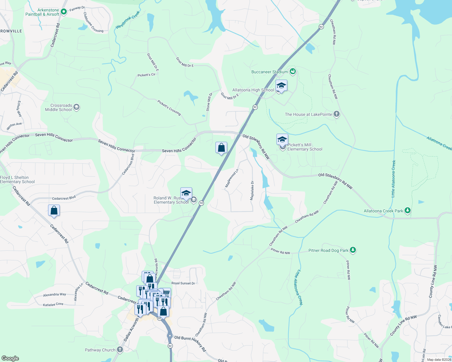 map of restaurants, bars, coffee shops, grocery stores, and more near 258 Maplewood Ln in Acworth