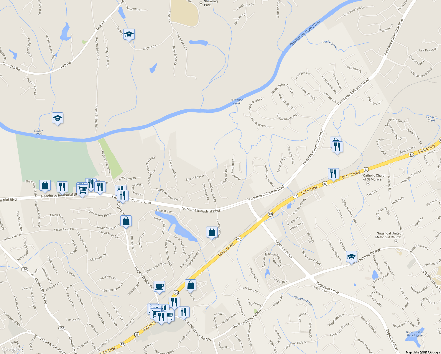 map of restaurants, bars, coffee shops, grocery stores, and more near 3925 Lake Burton Drive Northwest in Duluth
