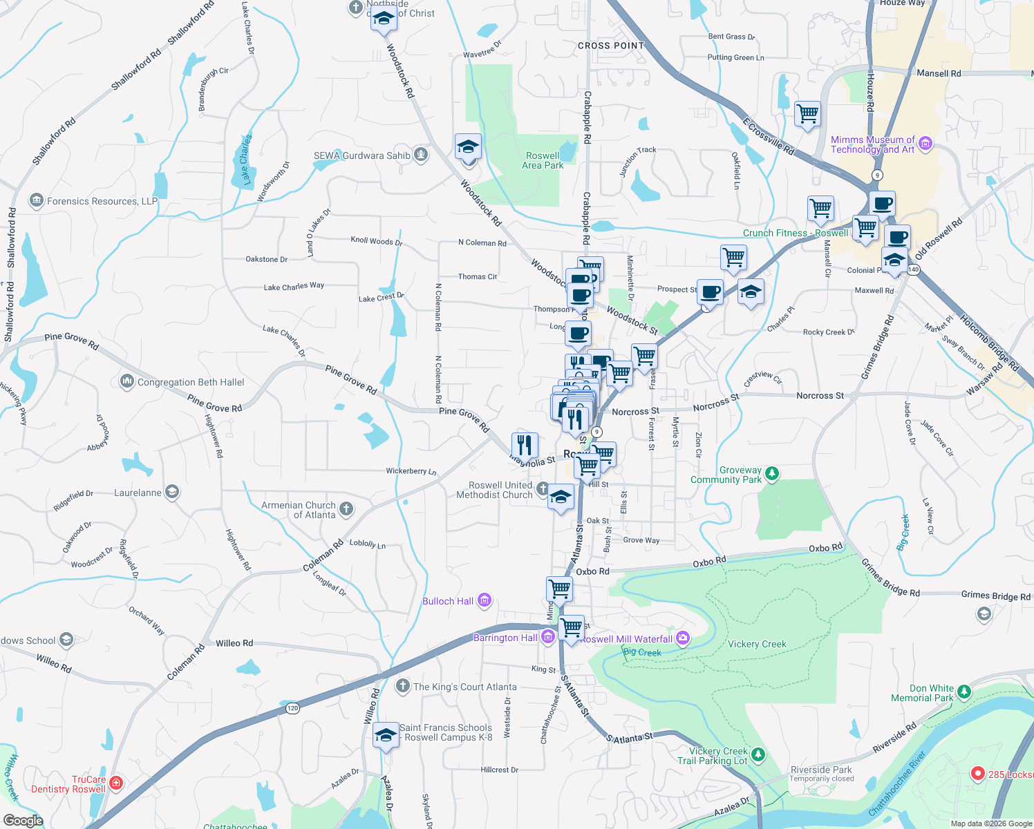 map of restaurants, bars, coffee shops, grocery stores, and more near 128 Webb Street in Roswell