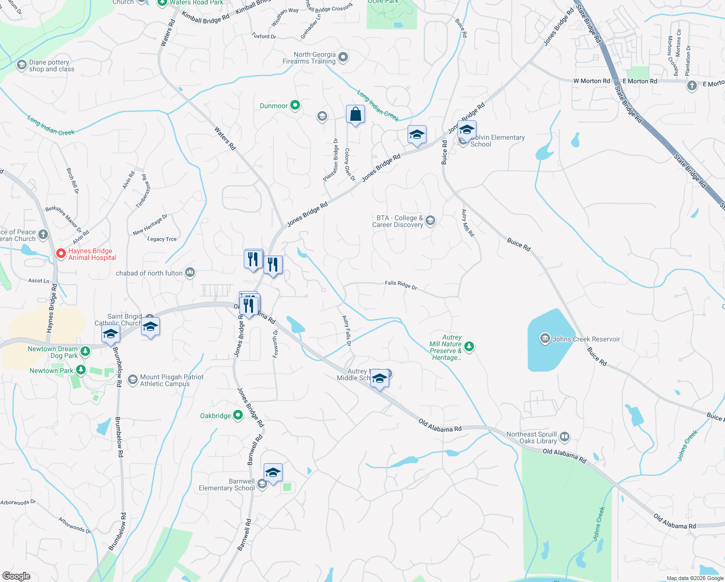 map of restaurants, bars, coffee shops, grocery stores, and more near 100 Silver Mist Circle in Alpharetta
