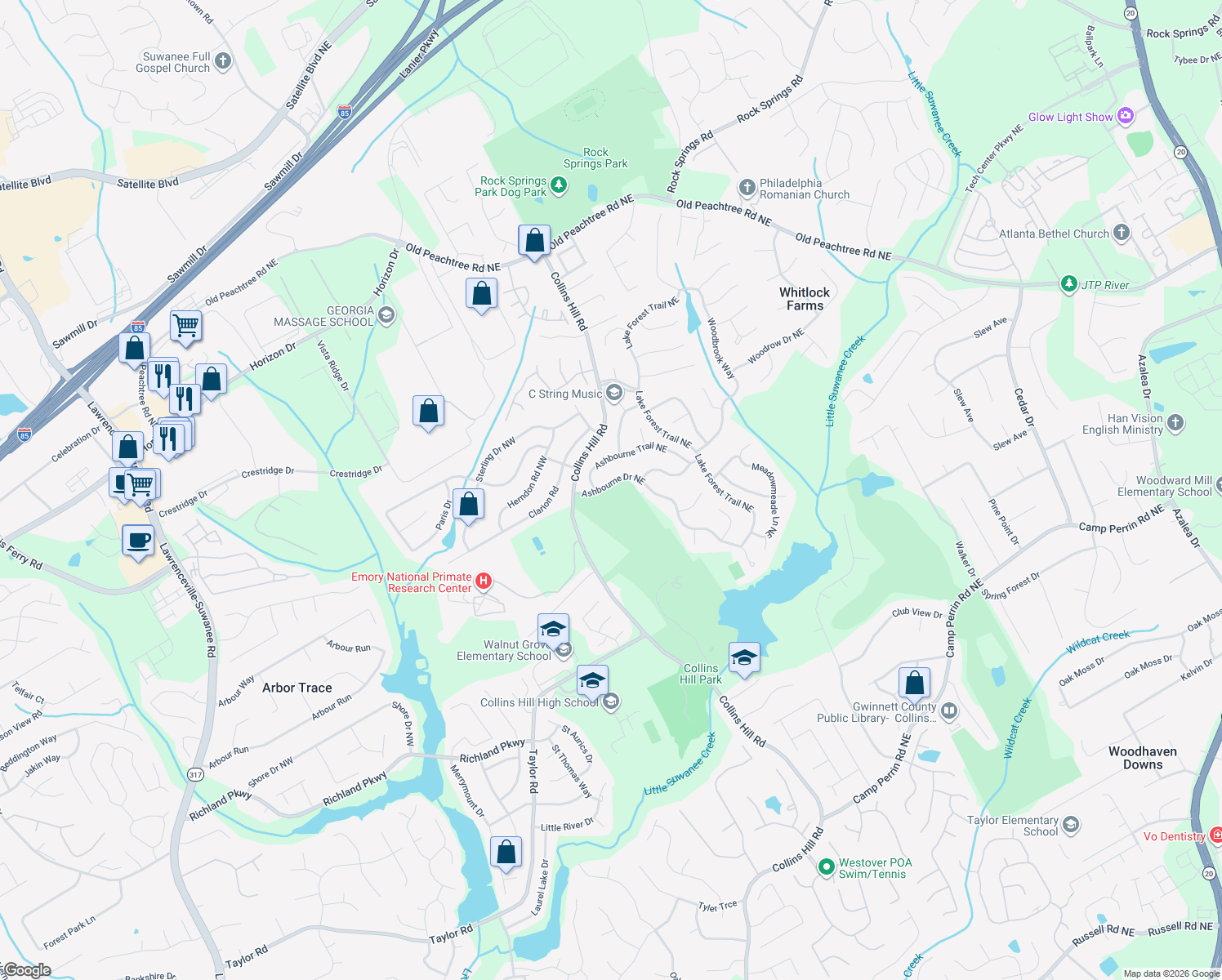 map of restaurants, bars, coffee shops, grocery stores, and more near 2600 Ashbourne Drive Northeast in Lawrenceville