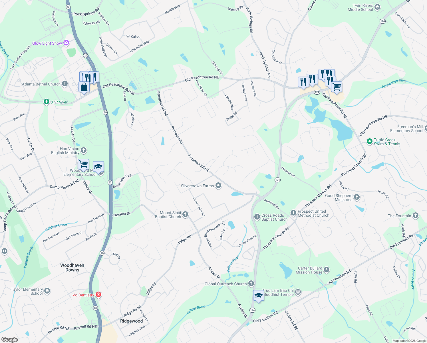 map of restaurants, bars, coffee shops, grocery stores, and more near 1371 Derby Downs Drive Northeast in Lawrenceville