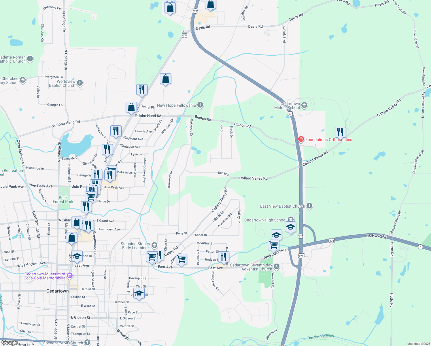 map of restaurants, bars, coffee shops, grocery stores, and more near 91 Ben West Drive in Cedartown