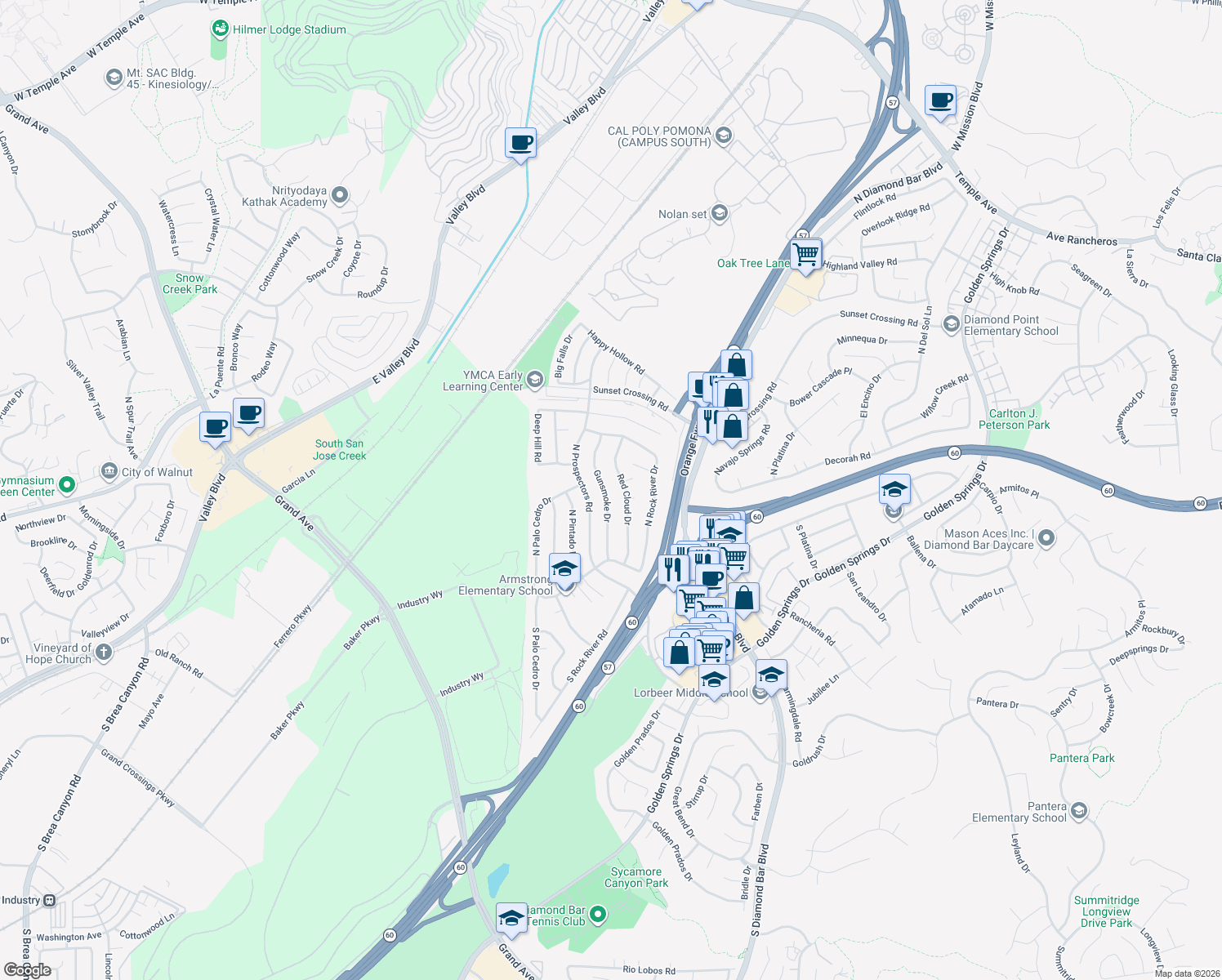 map of restaurants, bars, coffee shops, grocery stores, and more near 324 Gunsmoke Drive in Diamond Bar