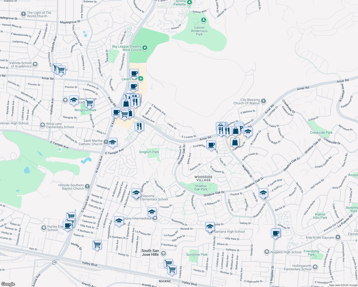 map of restaurants, bars, coffee shops, grocery stores, and more near 1957 Greenleaf Drive in West Covina