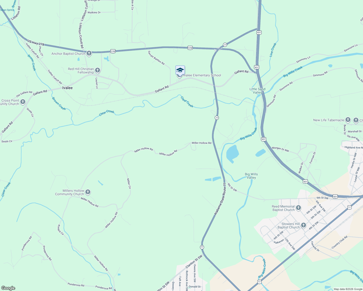 map of restaurants, bars, coffee shops, grocery stores, and more near 3125 Miller Hollow Road in Attalla