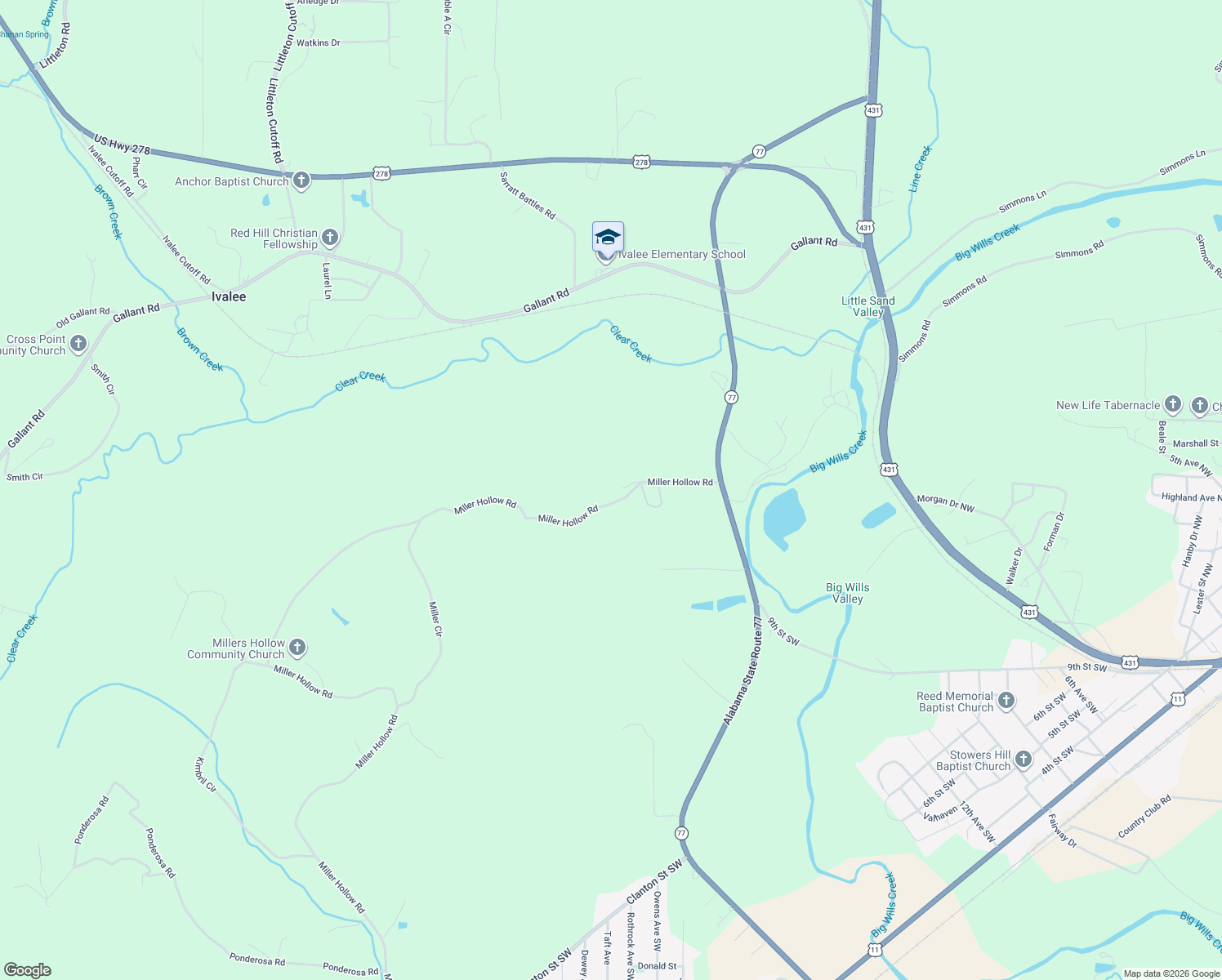 map of restaurants, bars, coffee shops, grocery stores, and more near 3125 Miller Hollow Road in Attalla