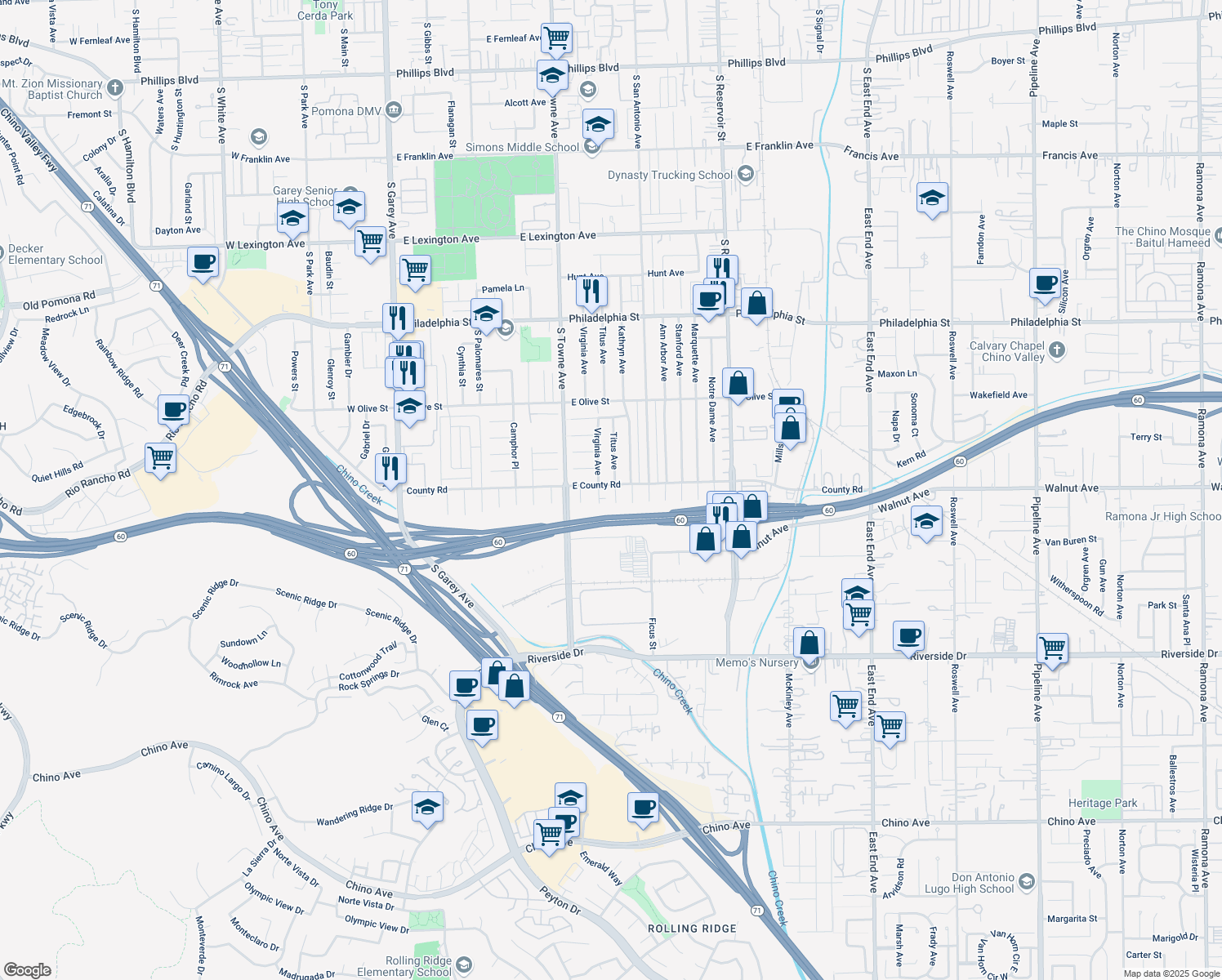 map of restaurants, bars, coffee shops, grocery stores, and more near 2507 Titus Avenue in Pomona