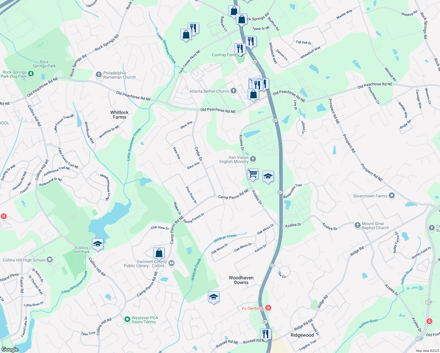 map of restaurants, bars, coffee shops, grocery stores, and more near 2182 Perrin Drive in Lawrenceville