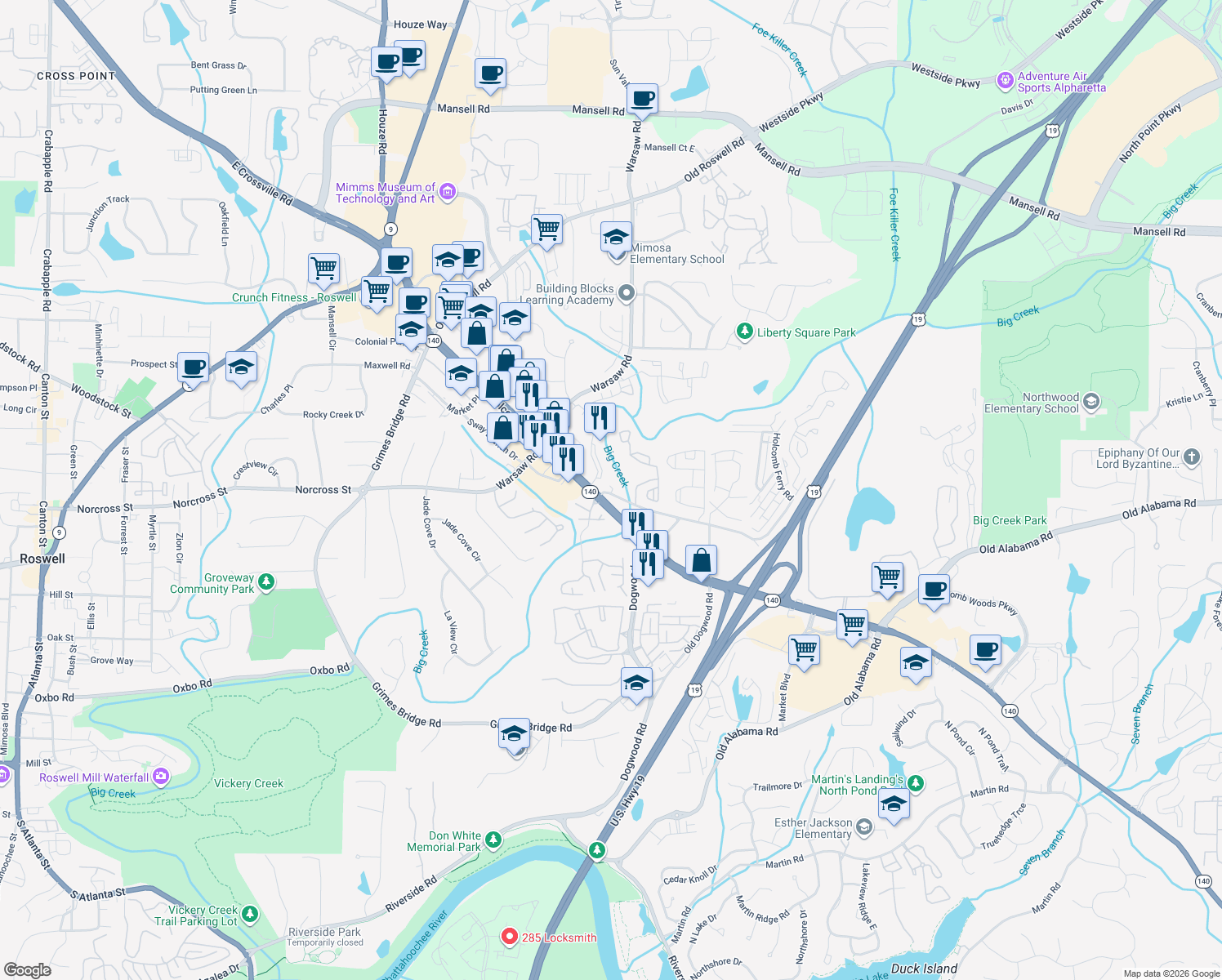 map of restaurants, bars, coffee shops, grocery stores, and more near 430 Old Holcomb Bridge Road in Roswell
