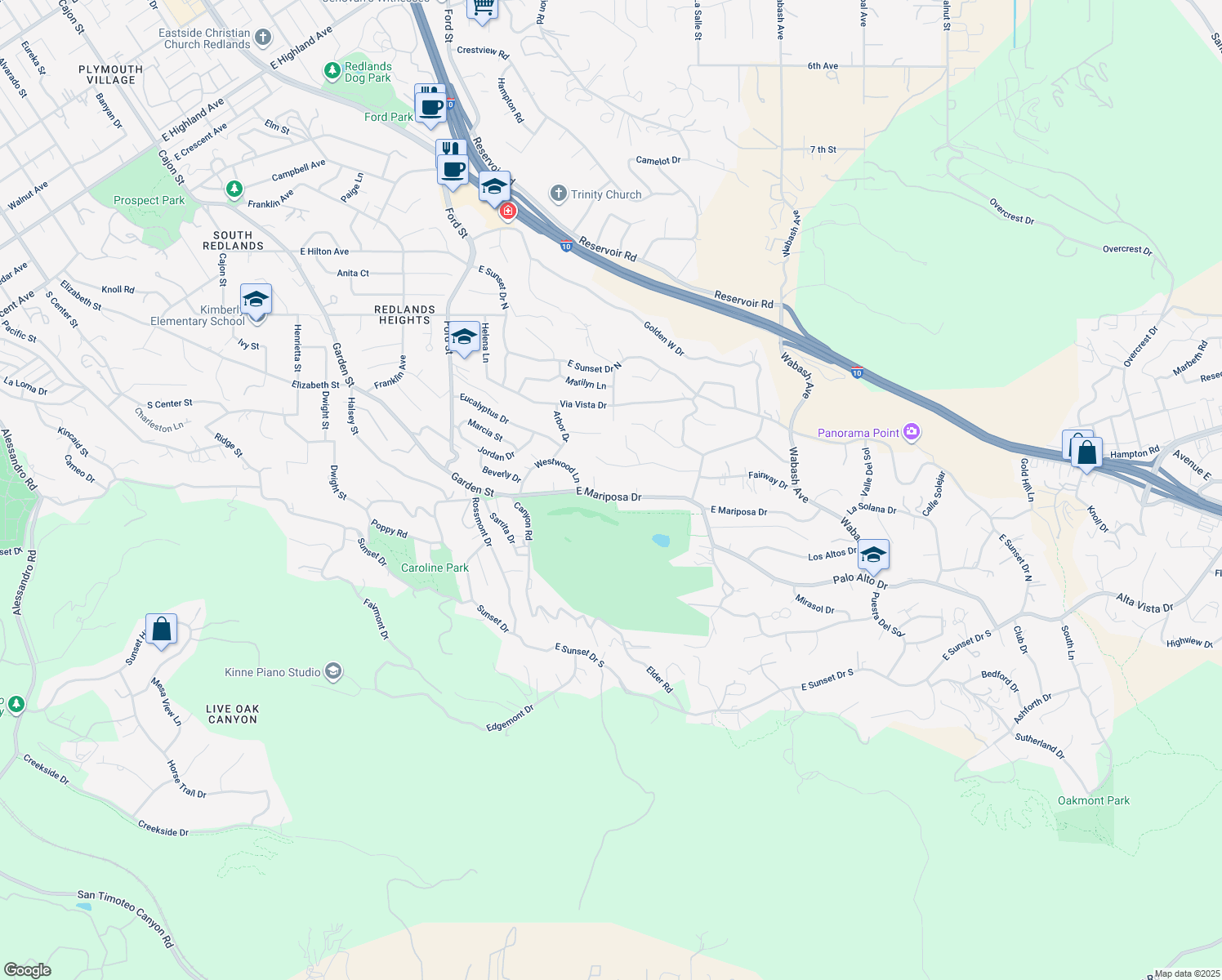 map of restaurants, bars, coffee shops, grocery stores, and more near 507 East Mariposa Drive in Redlands