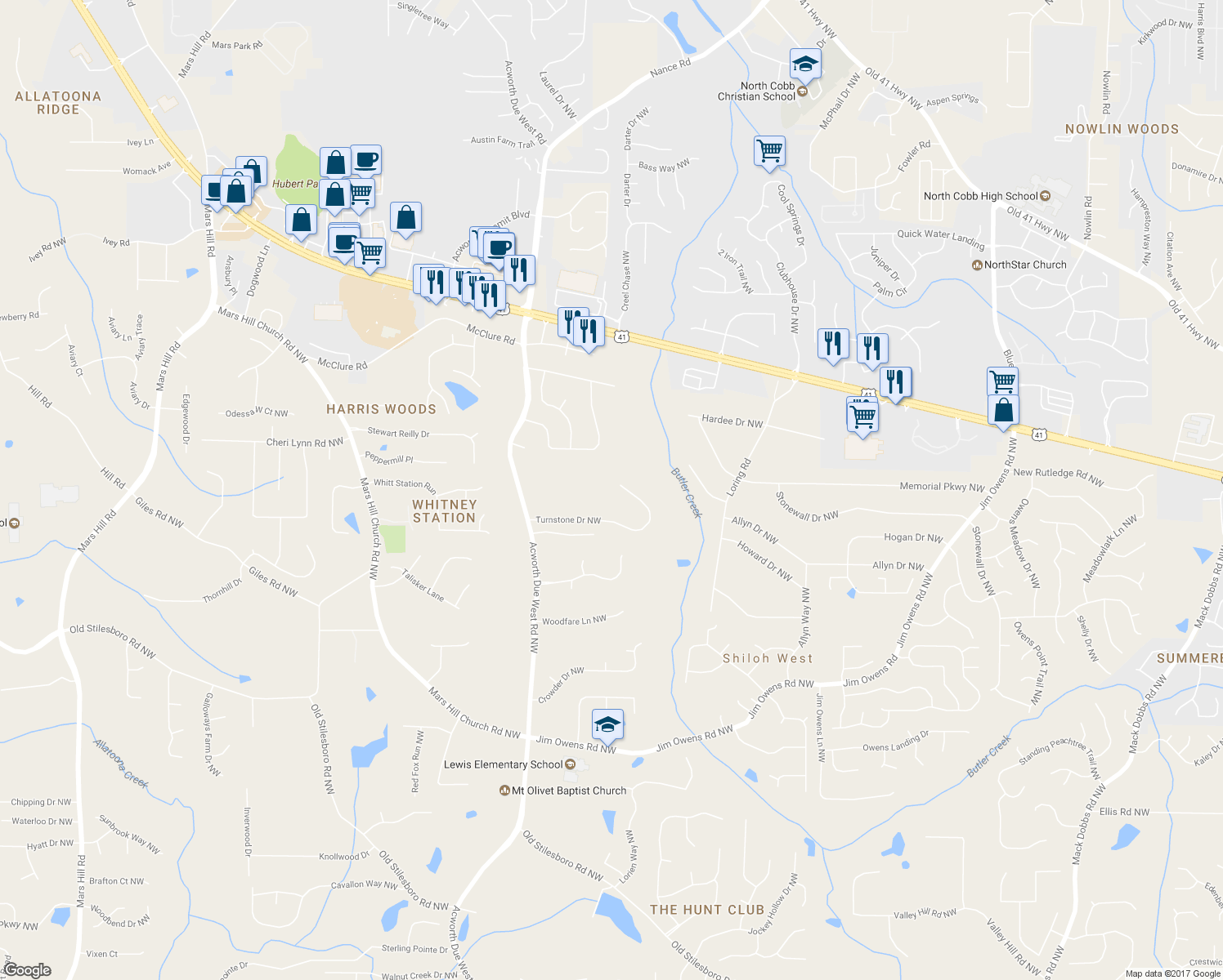 map of restaurants, bars, coffee shops, grocery stores, and more near 4002 Turnstone Drive Northwest in Kennesaw
