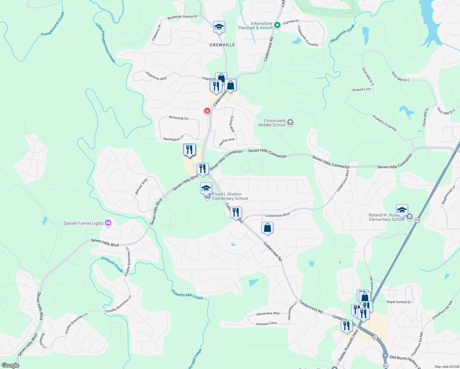 map of restaurants, bars, coffee shops, grocery stores, and more near 62 Oak Springs Ln in Dallas