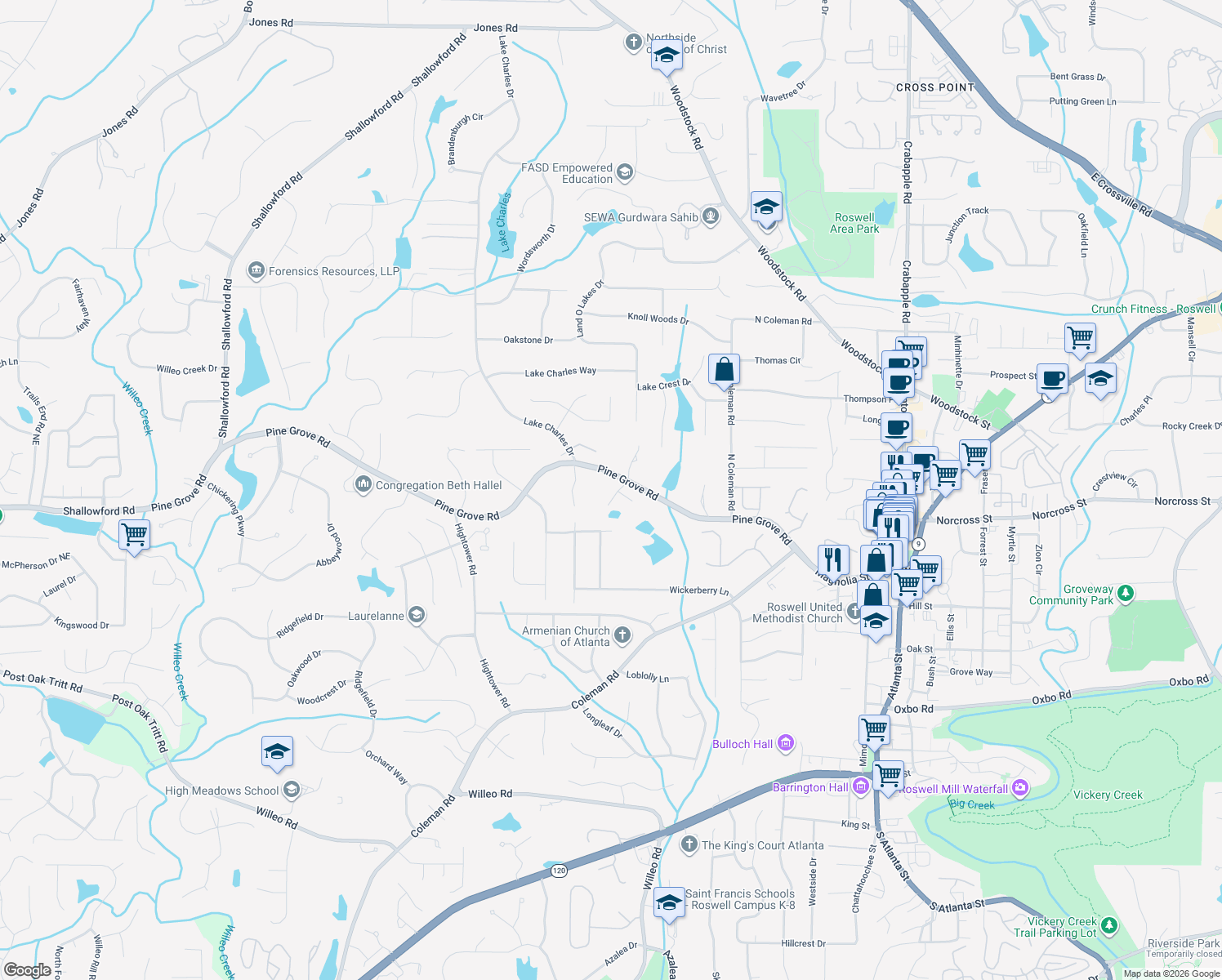map of restaurants, bars, coffee shops, grocery stores, and more near 120 Lynwood Dr in Roswell