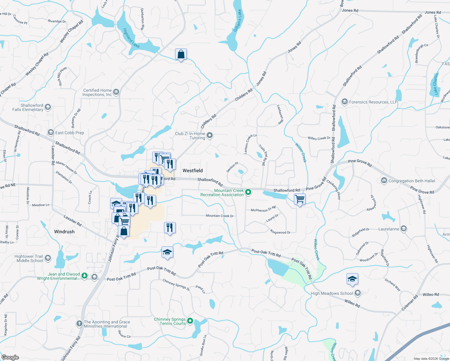 map of restaurants, bars, coffee shops, grocery stores, and more near 3152 Denton Place Northeast in Roswell