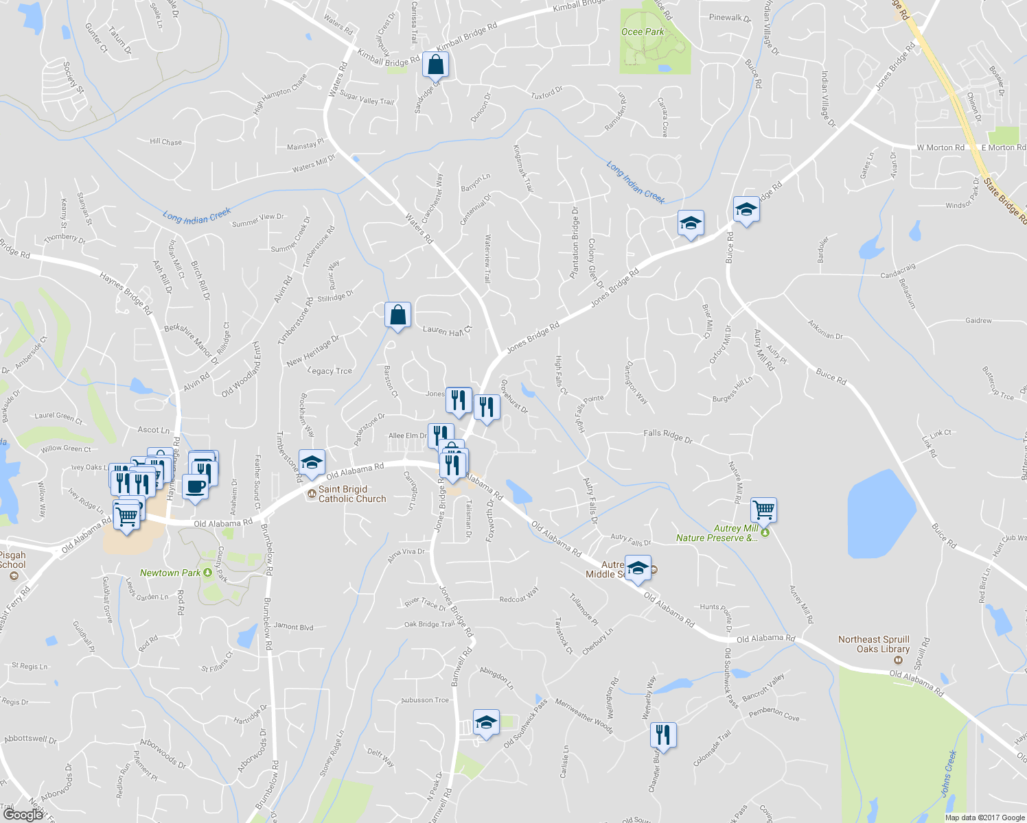 map of restaurants, bars, coffee shops, grocery stores, and more near 10067 Parc Sky Circle in Alpharetta