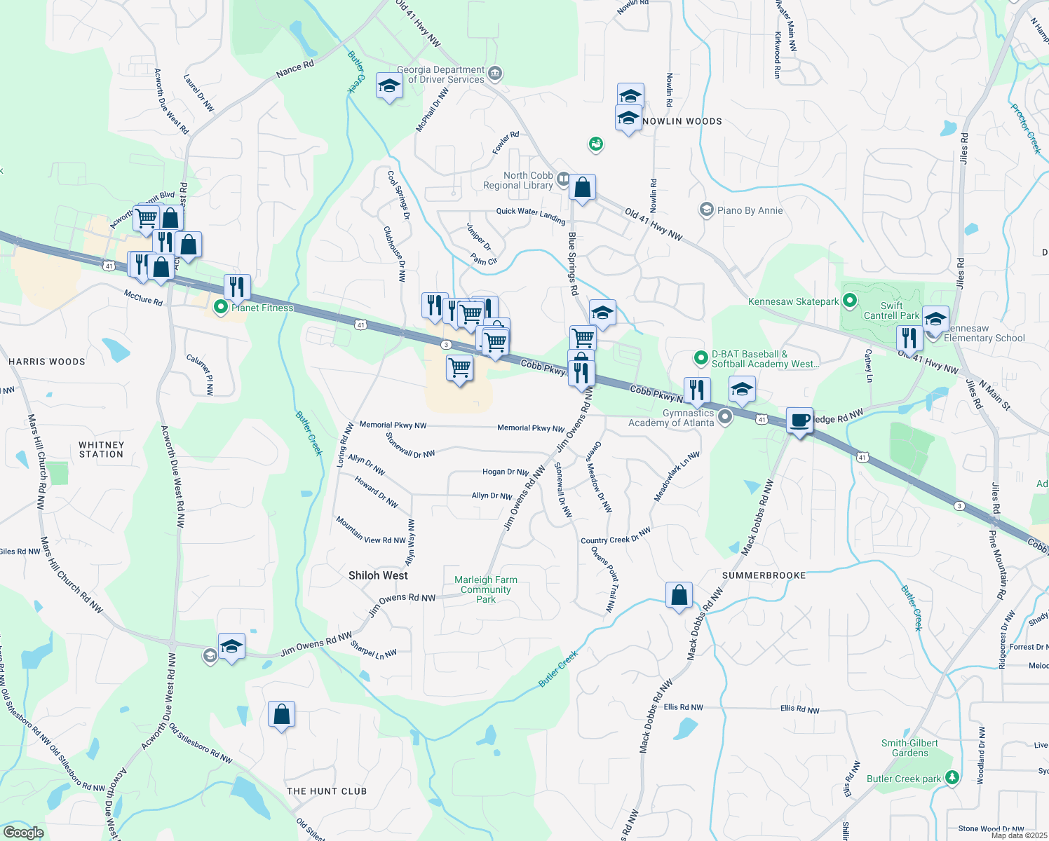 map of restaurants, bars, coffee shops, grocery stores, and more near 3548 Memorial Parkway Northwest in Kennesaw