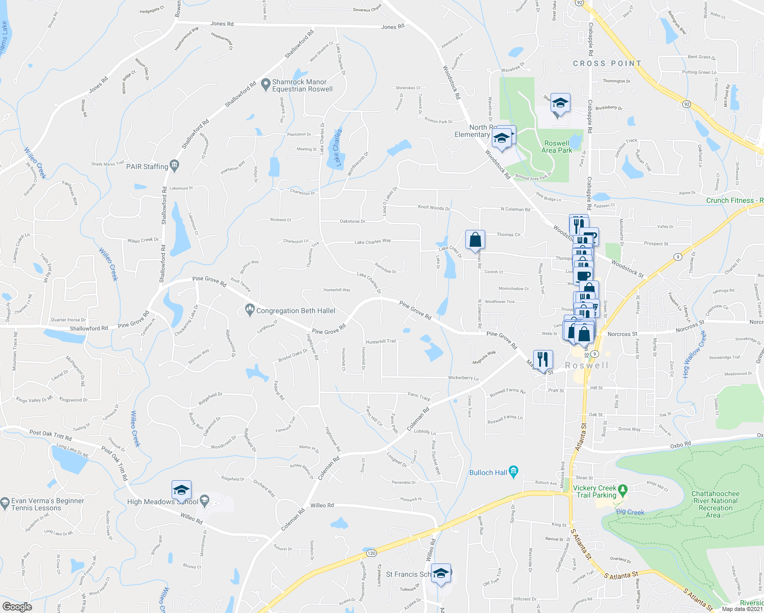 map of restaurants, bars, coffee shops, grocery stores, and more near 130 Pineridge Way in Roswell