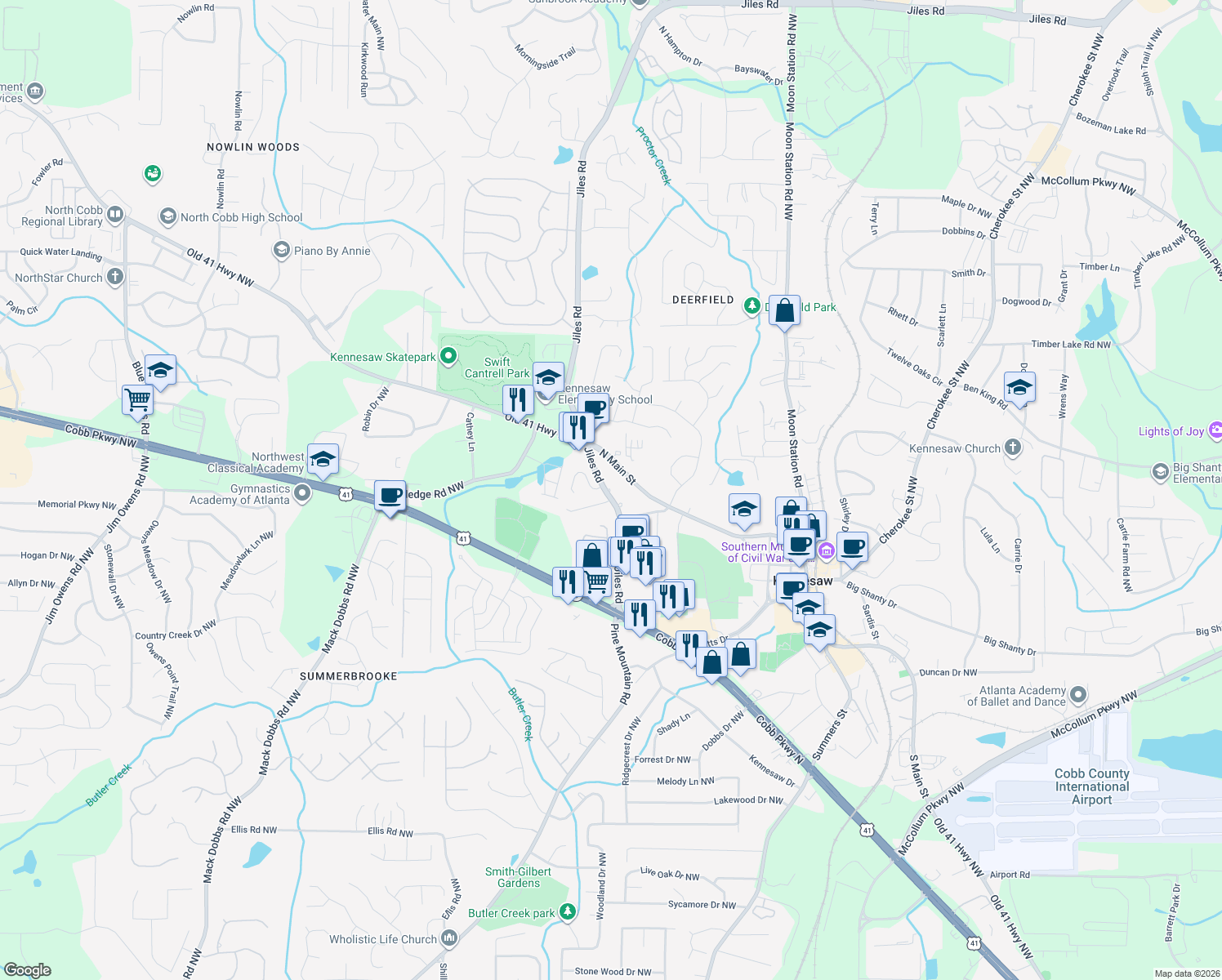 map of restaurants, bars, coffee shops, grocery stores, and more near 2996 Cori Ct in Kennesaw