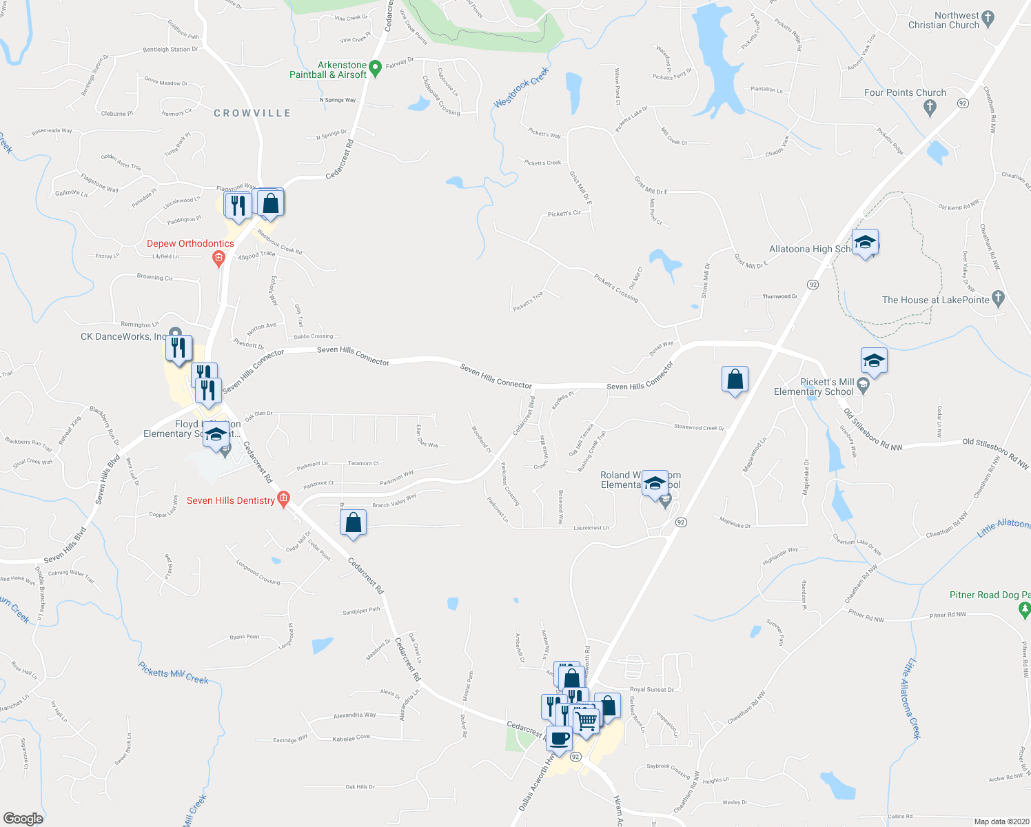 map of restaurants, bars, coffee shops, grocery stores, and more near 27 Windsor Way in Dallas