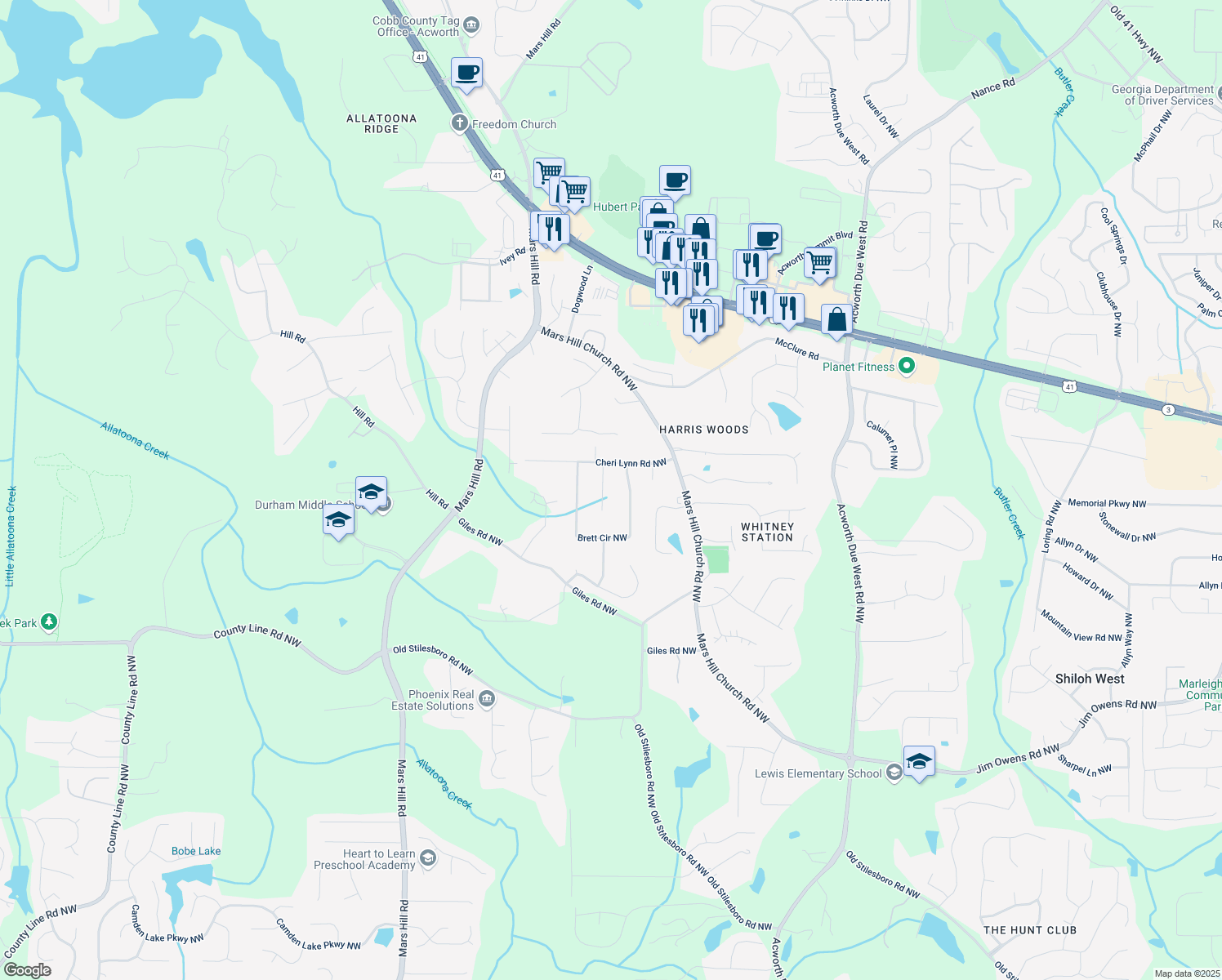 map of restaurants, bars, coffee shops, grocery stores, and more near 2994 Cathy Ann Court in Acworth