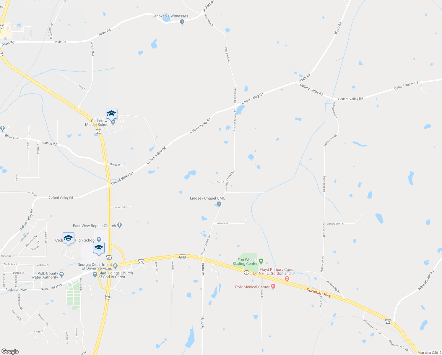 map of restaurants, bars, coffee shops, grocery stores, and more near 377 Lindsey Chapel Road in Cedartown