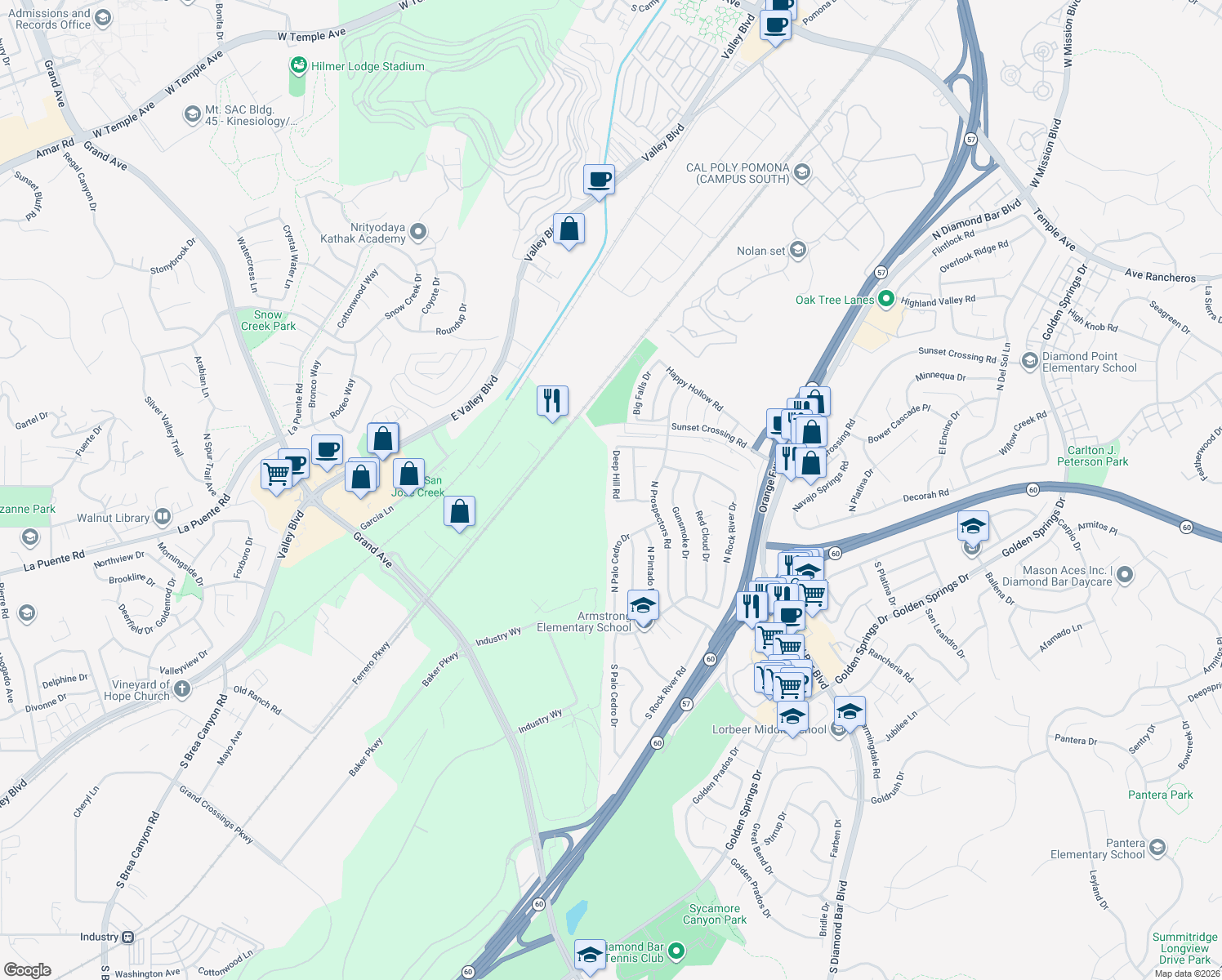 map of restaurants, bars, coffee shops, grocery stores, and more near 417 Deep Hill Road in Diamond Bar