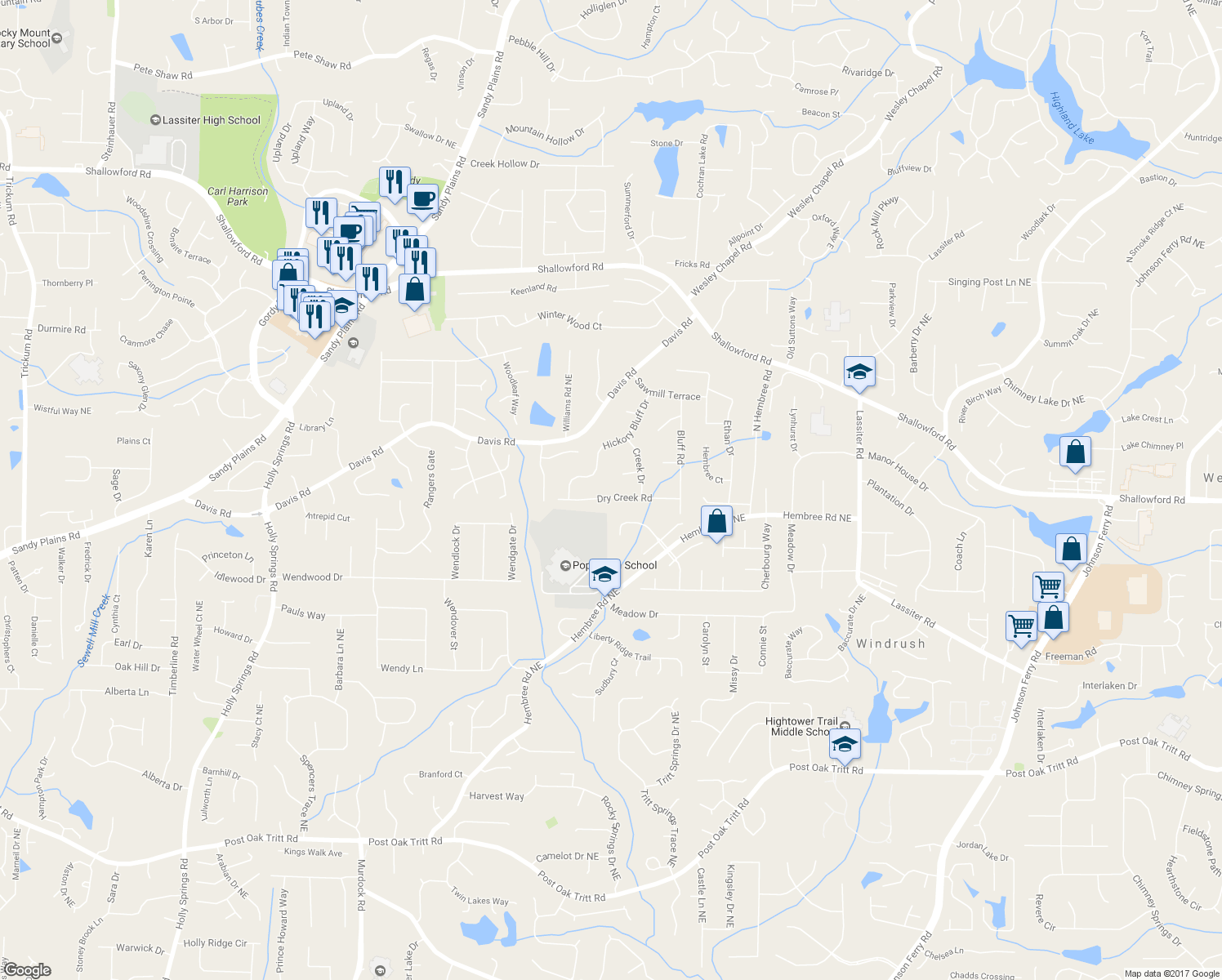 map of restaurants, bars, coffee shops, grocery stores, and more near 3451 Dry Creek Road in Marietta