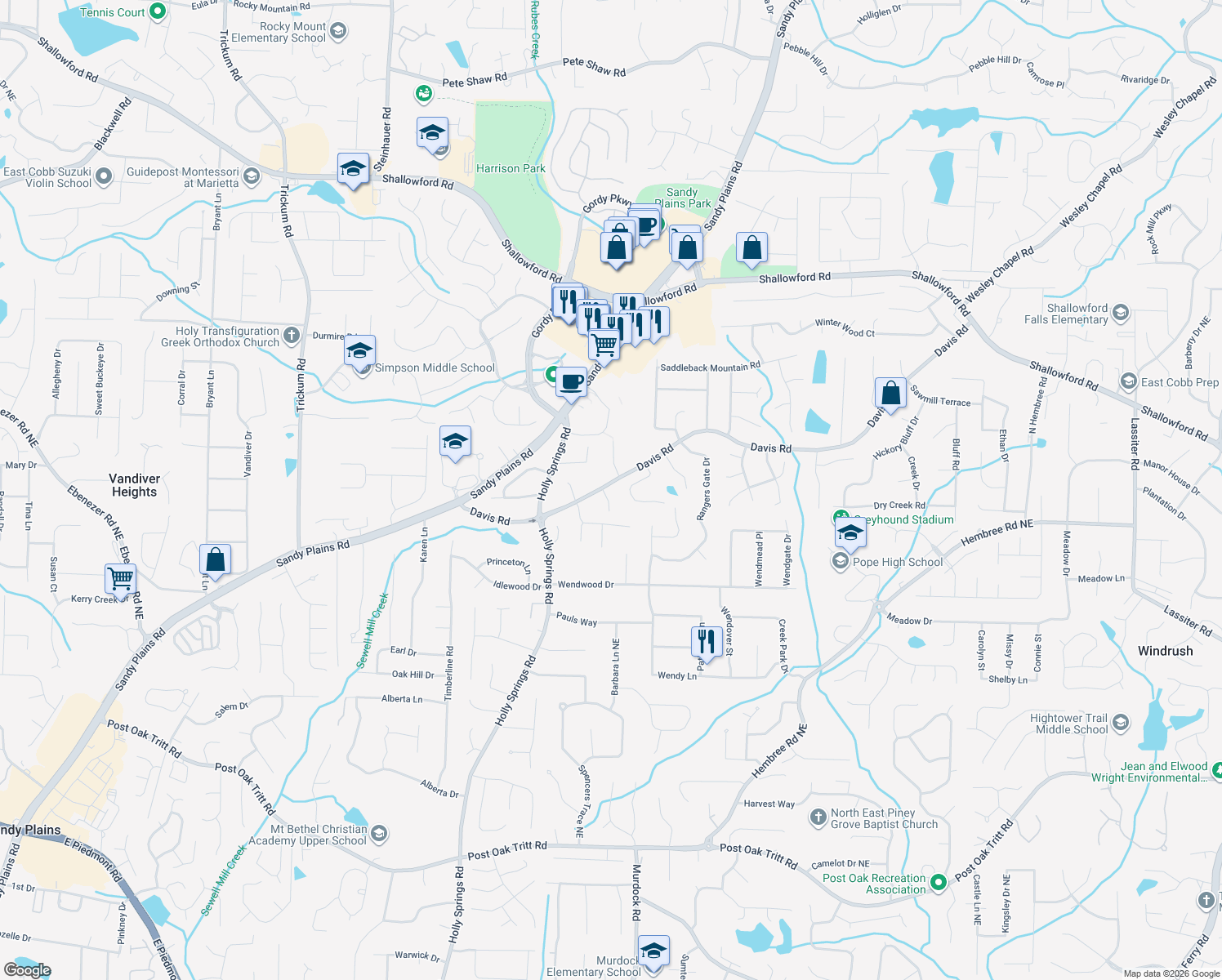 map of restaurants, bars, coffee shops, grocery stores, and more near 3184 Petite Forest Dr in Marietta