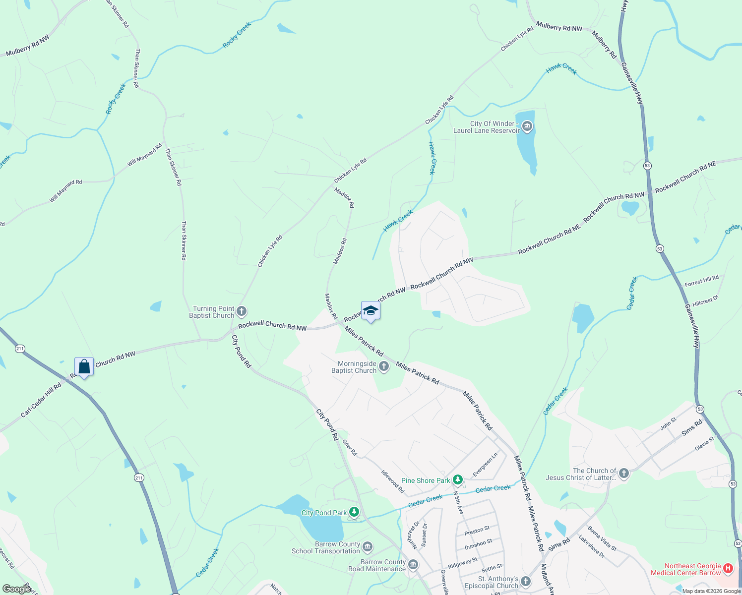 map of restaurants, bars, coffee shops, grocery stores, and more near 319 Rockwell Church Road Northwest in Winder