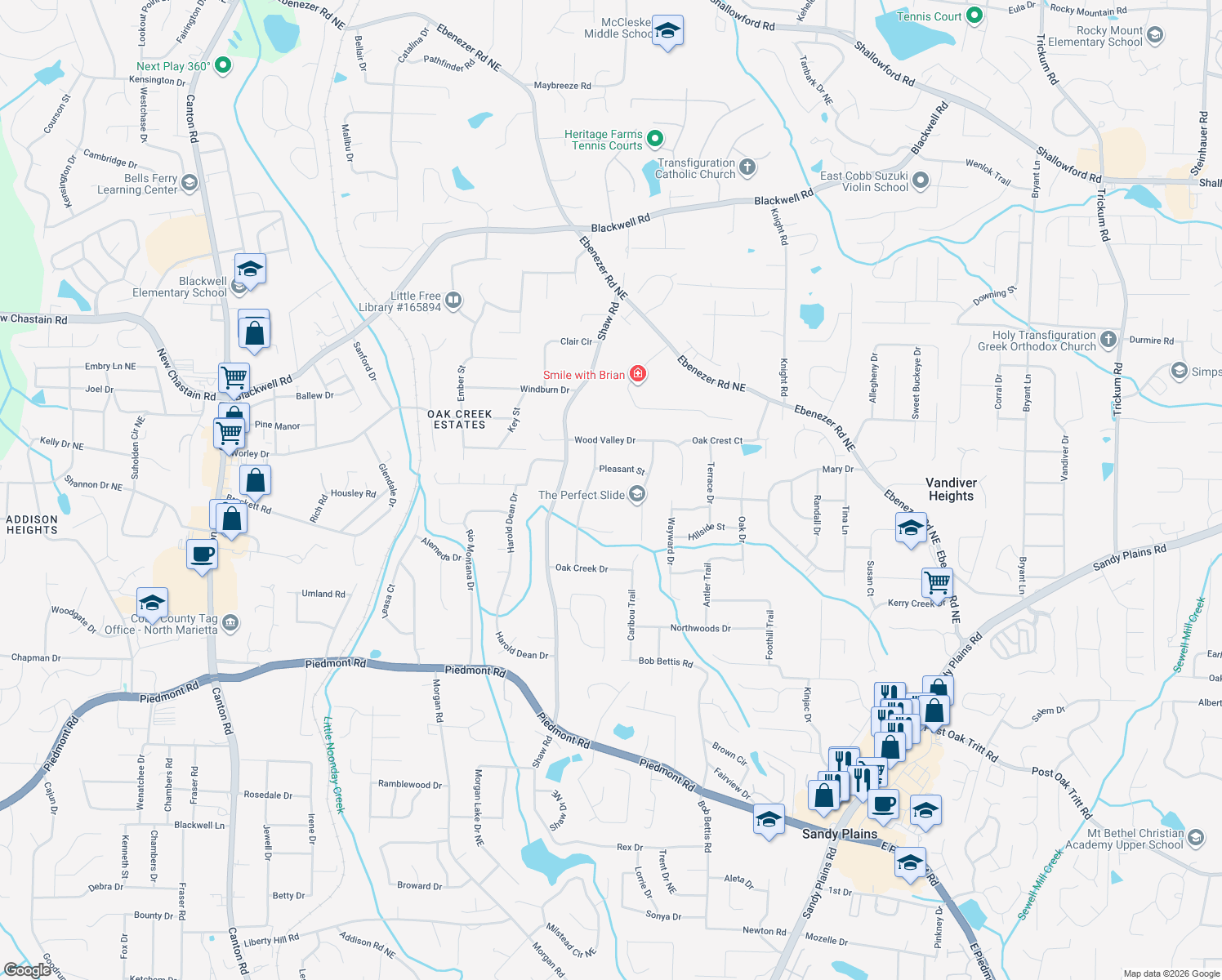 map of restaurants, bars, coffee shops, grocery stores, and more near 1512 Pine Mountain Drive in Marietta
