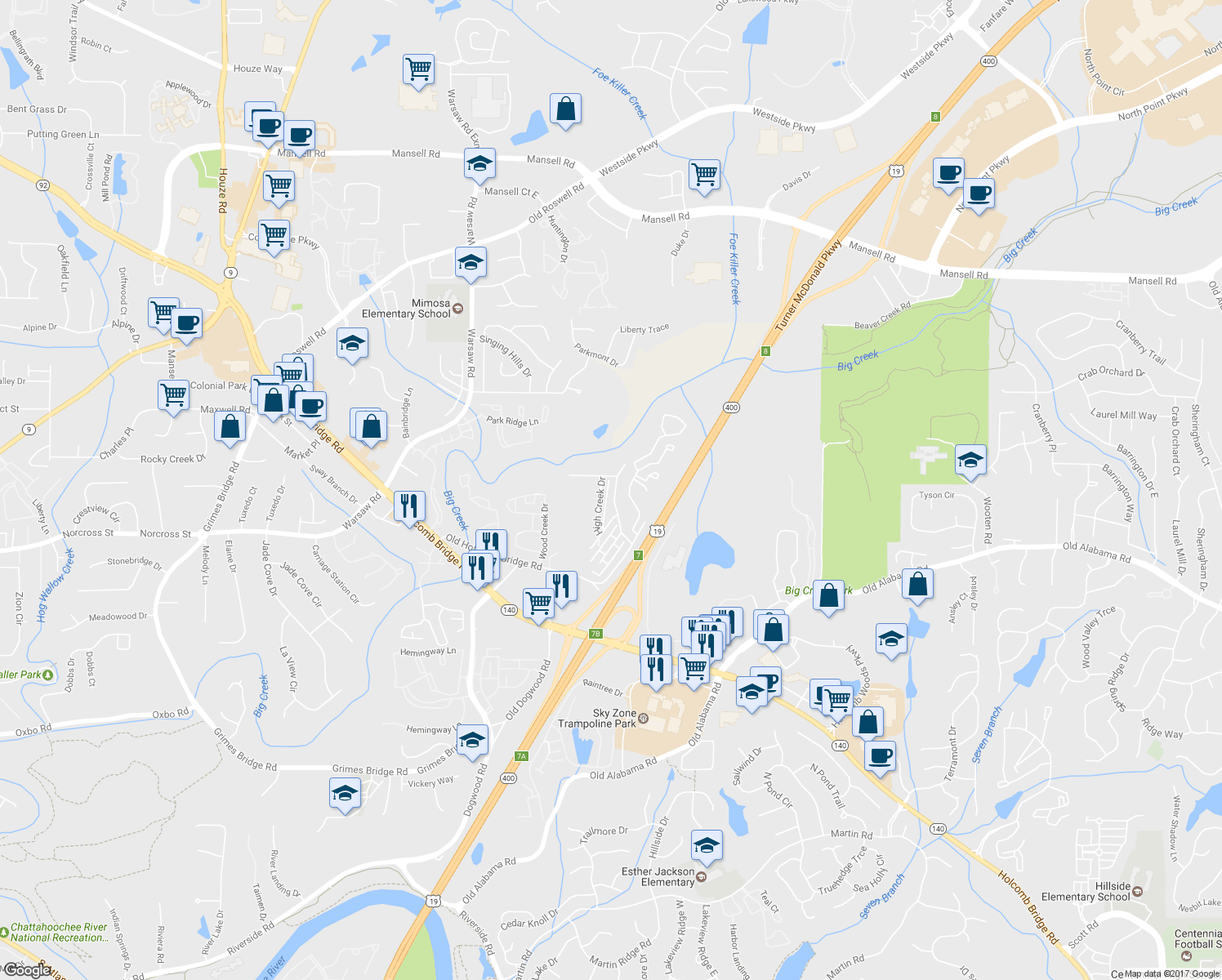 map of restaurants, bars, coffee shops, grocery stores, and more near 197 Holcomb Ferry Road in Roswell