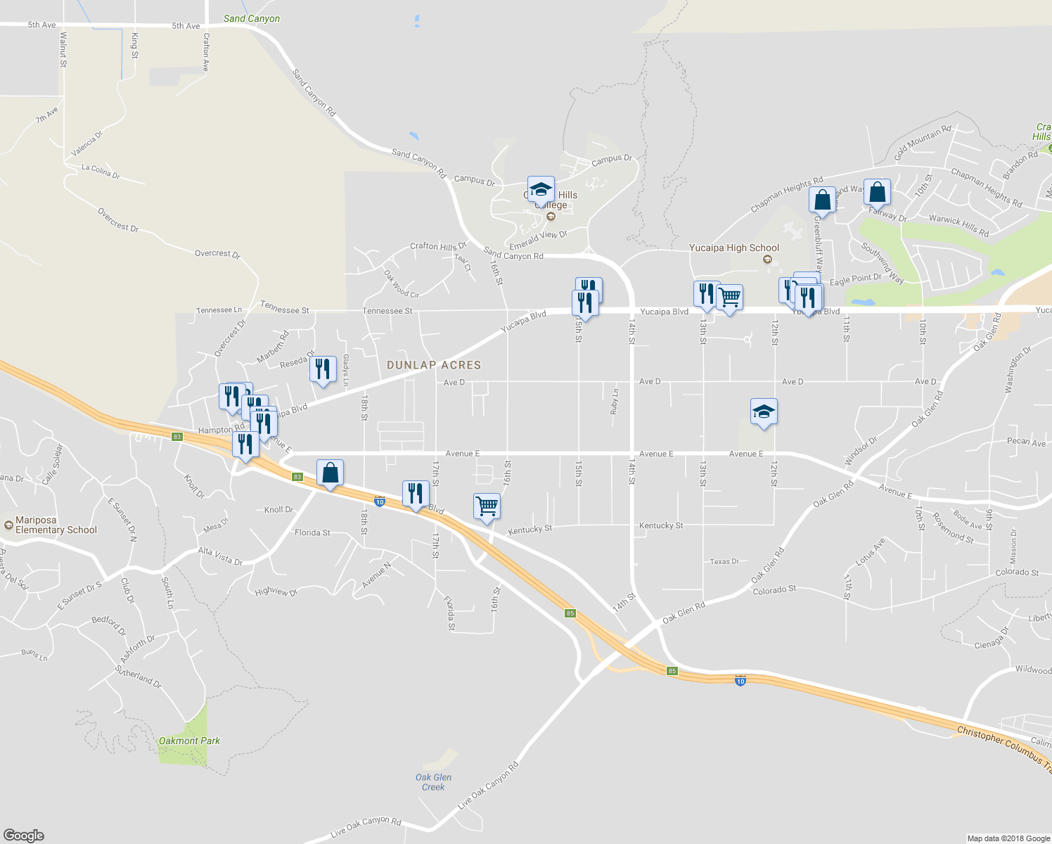 map of restaurants, bars, coffee shops, grocery stores, and more near 12415 16th Street in Yucaipa