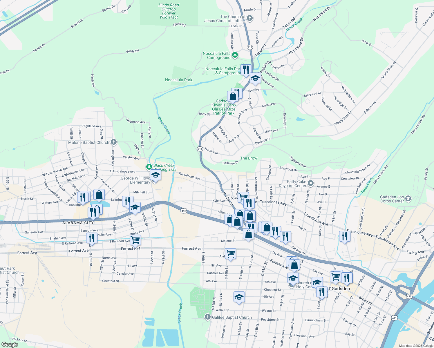 map of restaurants, bars, coffee shops, grocery stores, and more near 617 Noccalula Road in Gadsden