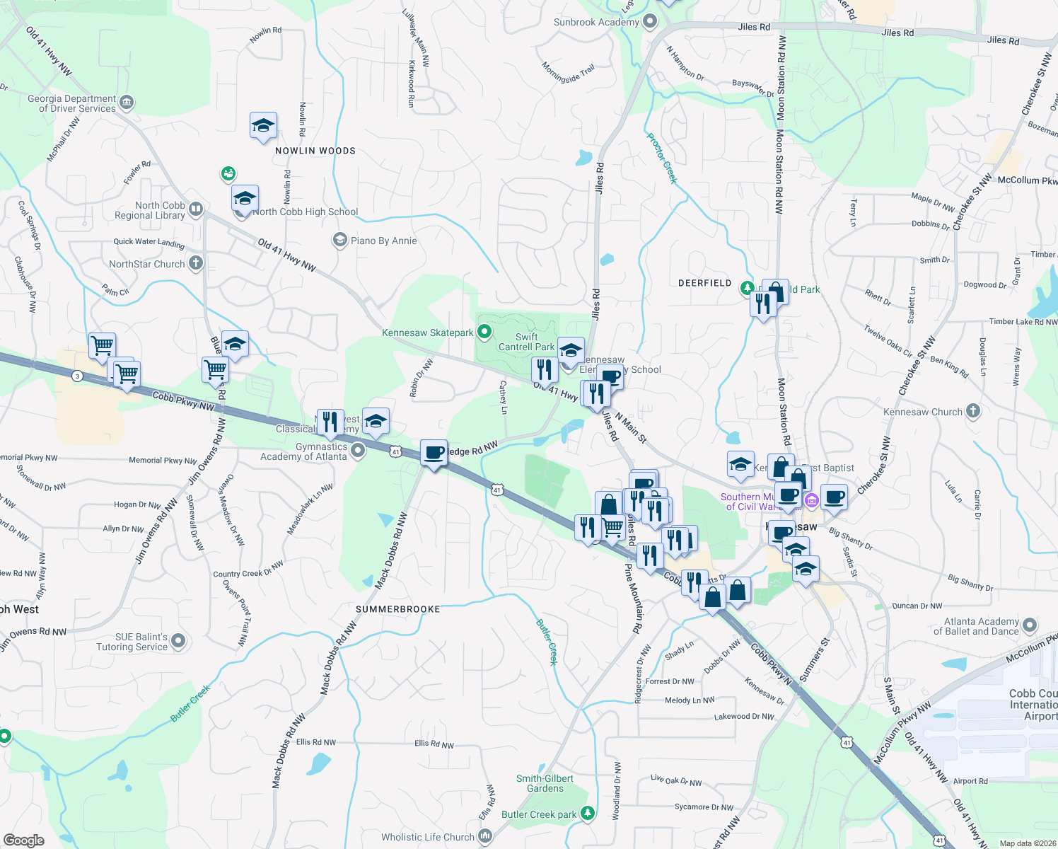 map of restaurants, bars, coffee shops, grocery stores, and more near 3057 Rutledge Road Northwest in Kennesaw