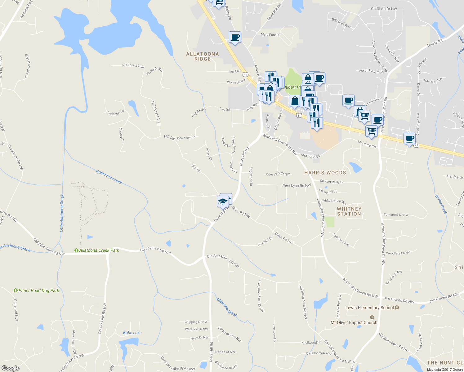 map of restaurants, bars, coffee shops, grocery stores, and more near 3015 Mars Hill Road in Acworth