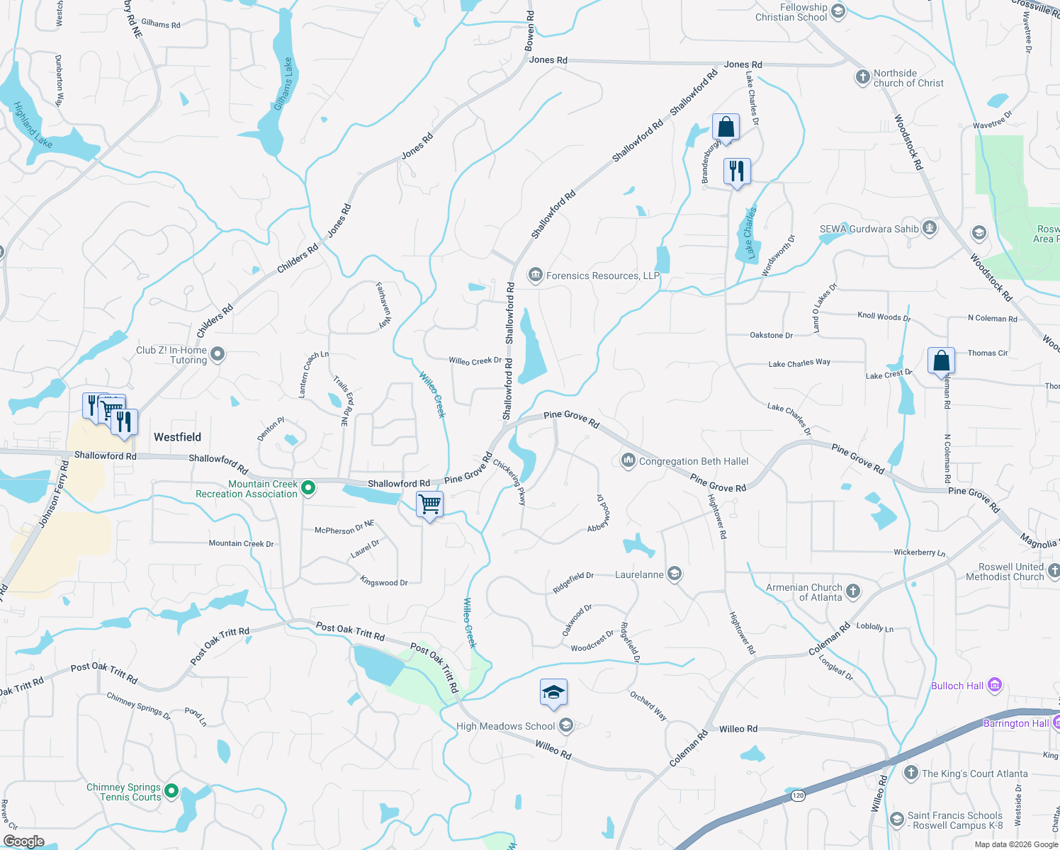 map of restaurants, bars, coffee shops, grocery stores, and more near 325 Chickering Lake Court in Roswell