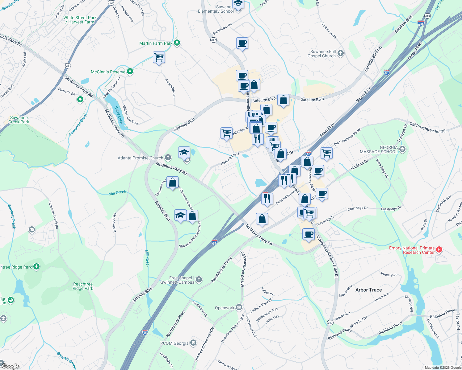 map of restaurants, bars, coffee shops, grocery stores, and more near 548 Summerbrooke Ct in Suwanee